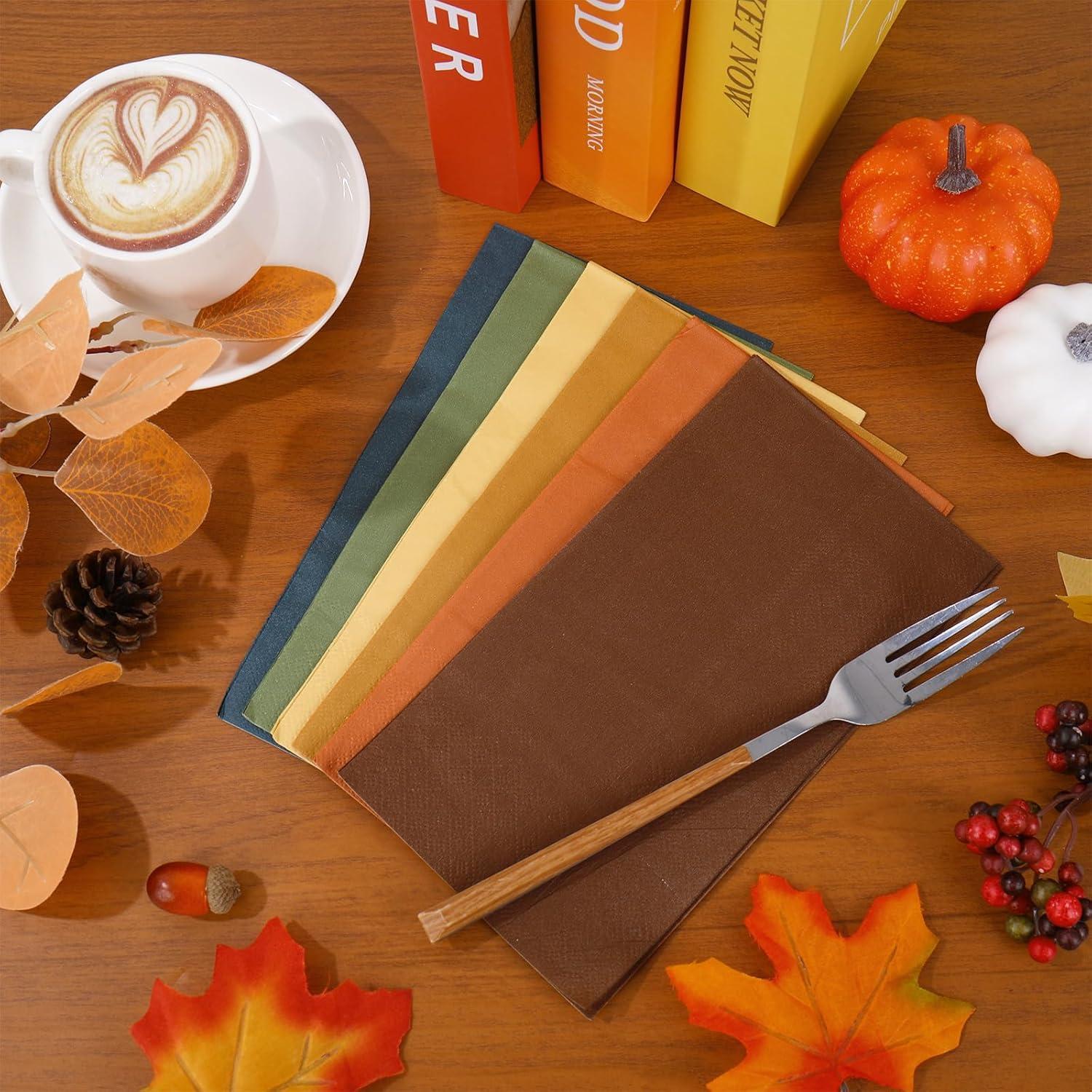 imageWhaline 120Pcs Fall Cocktail Napkins 6 Autumn Color Disposable Napkins Multicolor Paper Beverage Napkins for Fall Harvest Thanksgiving Party SuppliesFall Color