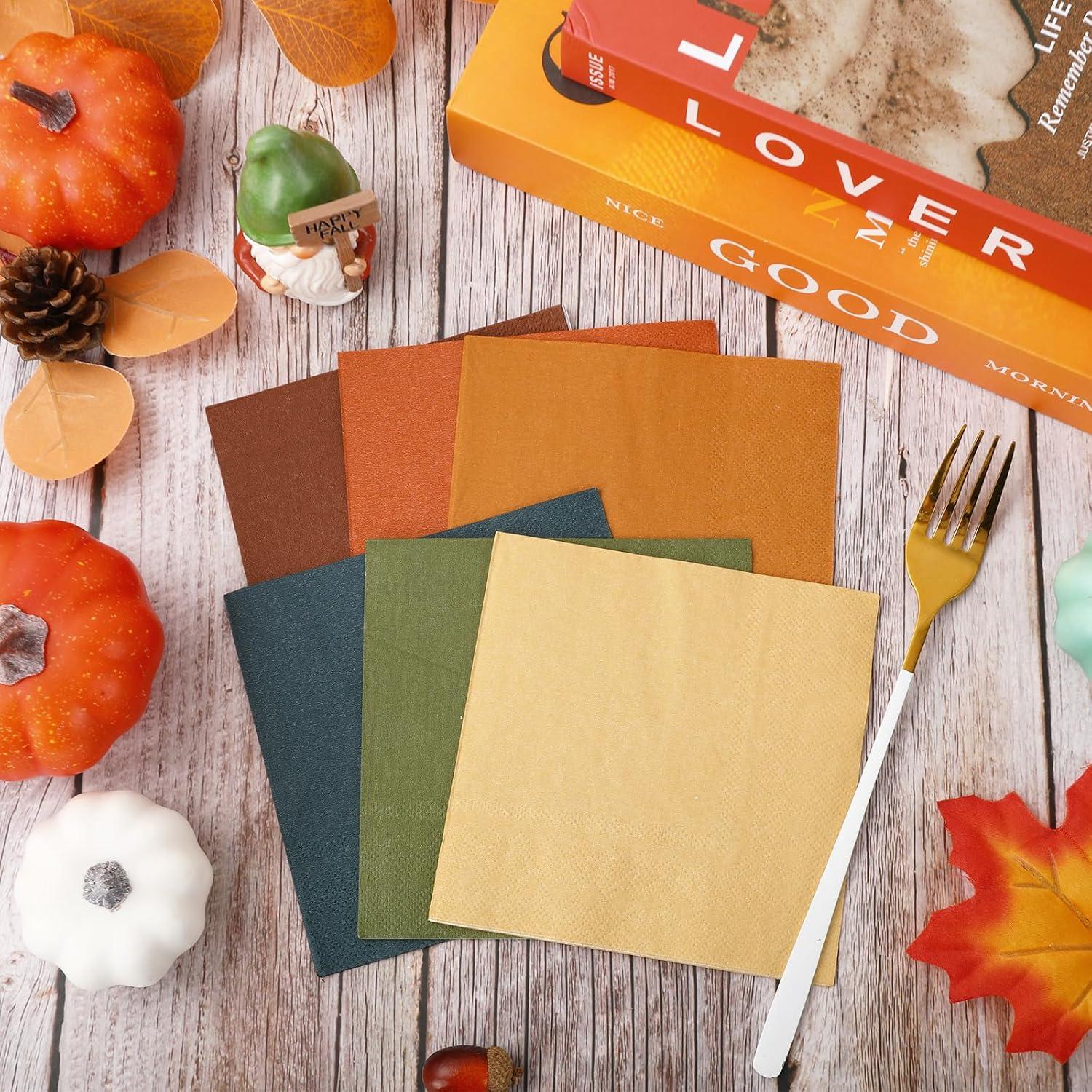 imageWhaline 120Pcs Fall Cocktail Napkins 6 Autumn Color Disposable Napkins Multicolor Paper Beverage Napkins for Fall Harvest Thanksgiving Party SuppliesFall Color