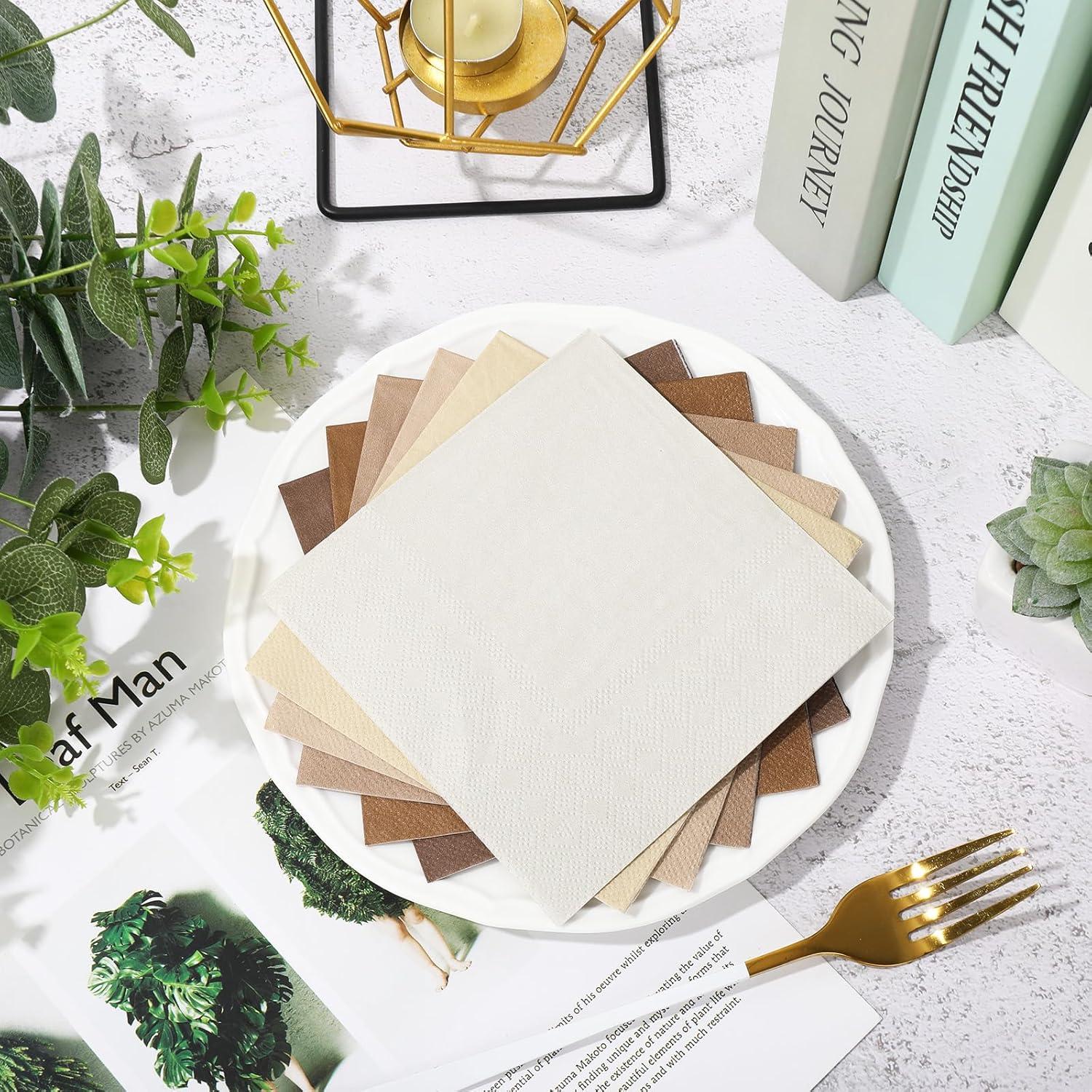 imageWhaline 120Pcs Fall Cocktail Napkins 6 Autumn Color Disposable Napkins Multicolor Paper Beverage Napkins for Fall Harvest Thanksgiving Party SuppliesGradient Brown