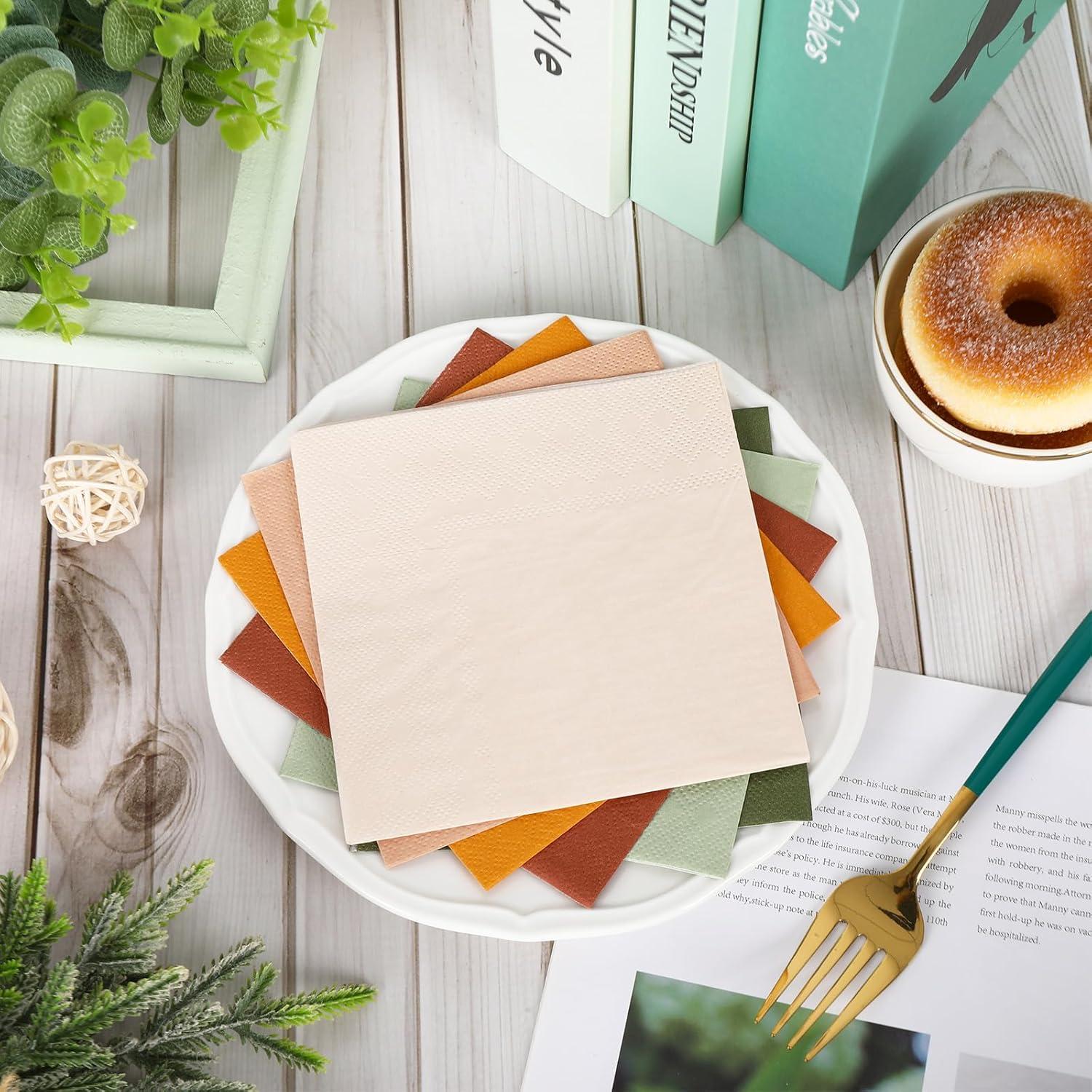 imageWhaline 120Pcs Fall Cocktail Napkins 6 Autumn Color Disposable Napkins Multicolor Paper Beverage Napkins for Fall Harvest Thanksgiving Party SuppliesModern Boho