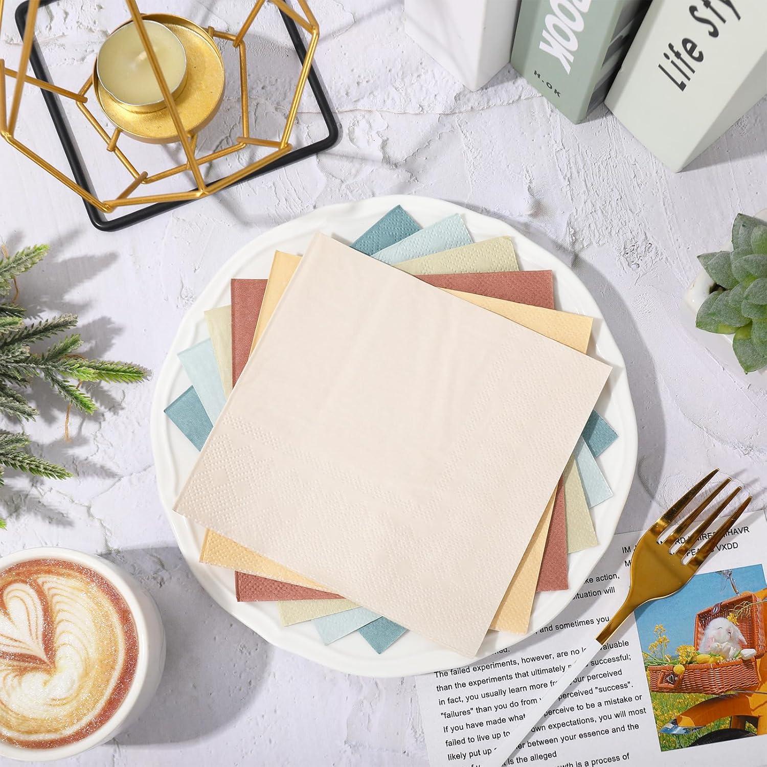 imageWhaline 120Pcs Fall Cocktail Napkins 6 Autumn Color Disposable Napkins Multicolor Paper Beverage Napkins for Fall Harvest Thanksgiving Party SuppliesNeutral Color