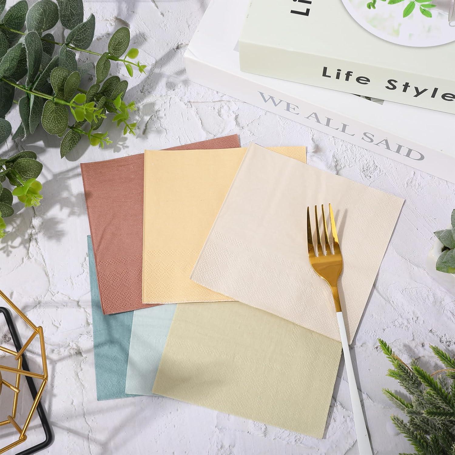 imageWhaline 120Pcs Fall Cocktail Napkins 6 Autumn Color Disposable Napkins Multicolor Paper Beverage Napkins for Fall Harvest Thanksgiving Party SuppliesNeutral Color