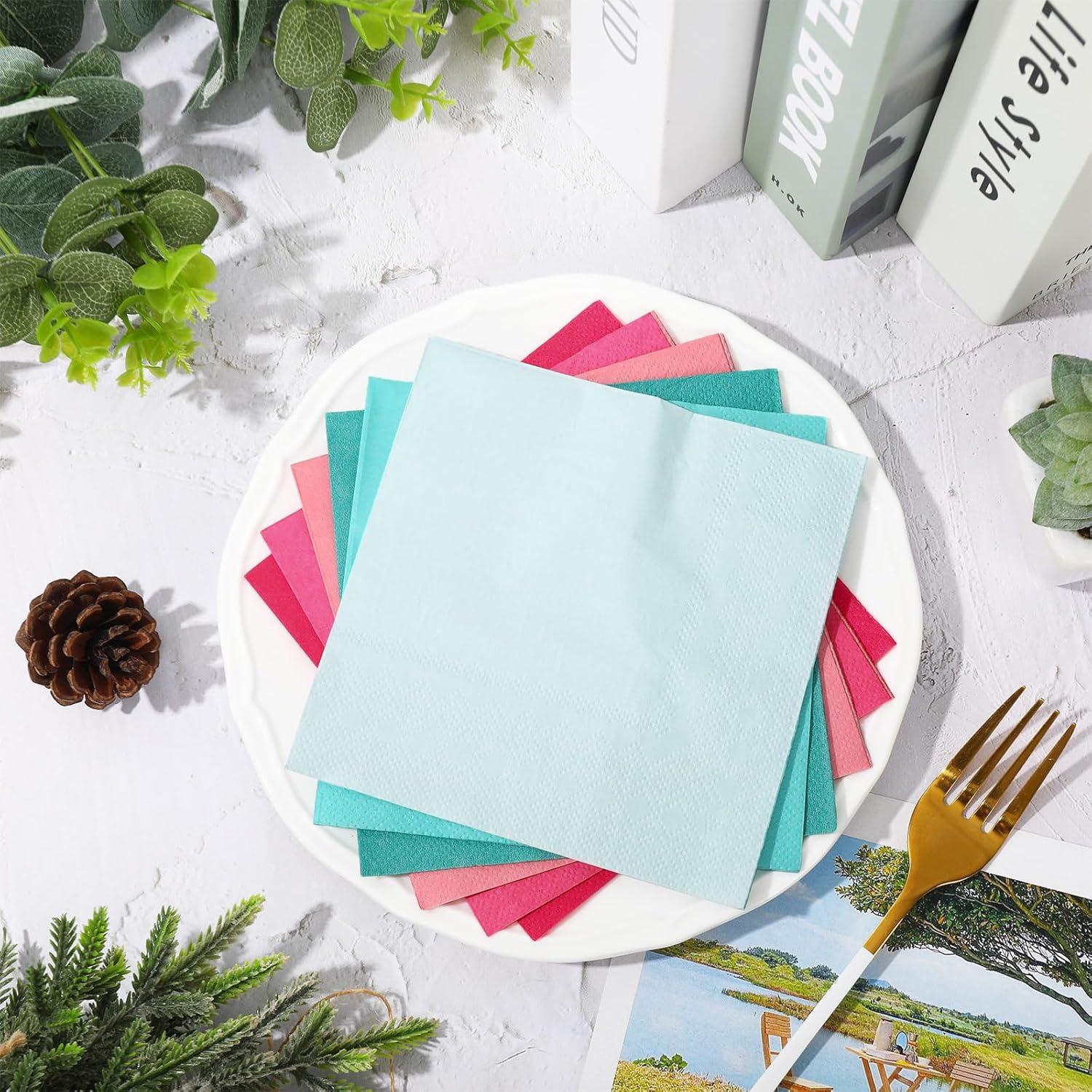 imageWhaline 120Pcs Fall Cocktail Napkins 6 Autumn Color Disposable Napkins Multicolor Paper Beverage Napkins for Fall Harvest Thanksgiving Party SuppliesPink Blue