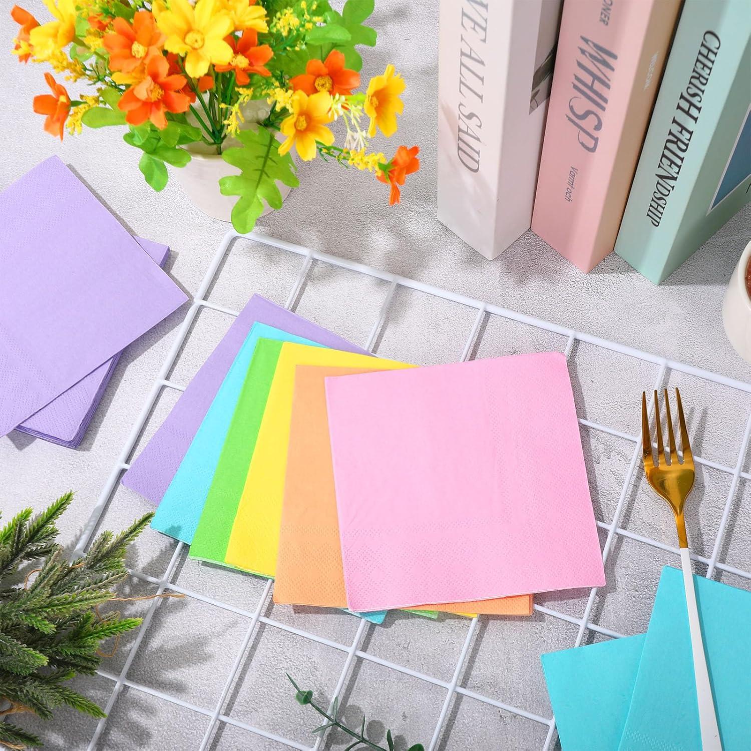 imageWhaline 120Pcs Fall Cocktail Napkins 6 Autumn Color Disposable Napkins Multicolor Paper Beverage Napkins for Fall Harvest Thanksgiving Party SuppliesPastel Rainbow