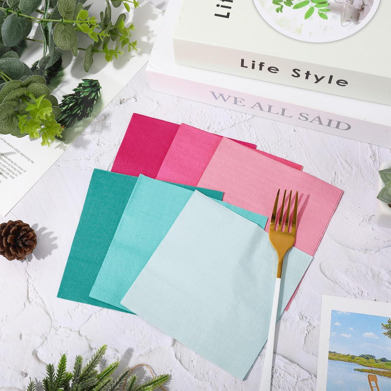 imageWhaline 120Pcs Fall Cocktail Napkins 6 Autumn Color Disposable Napkins Multicolor Paper Beverage Napkins for Fall Harvest Thanksgiving Party SuppliesPink Blue