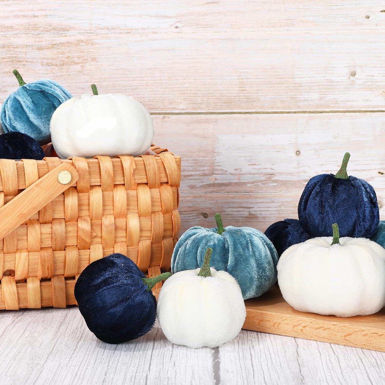 imageWhaline 12Pcs Fall Thanksgiving Velvet Pumpkin Blue White Artificial Pumpkins 2 Sizes Fake Fabric Pumpkin Autumn Harvest Table Centerpiece for Thanksgiving Halloween Party Mantel Farmhouse DecorBlue White