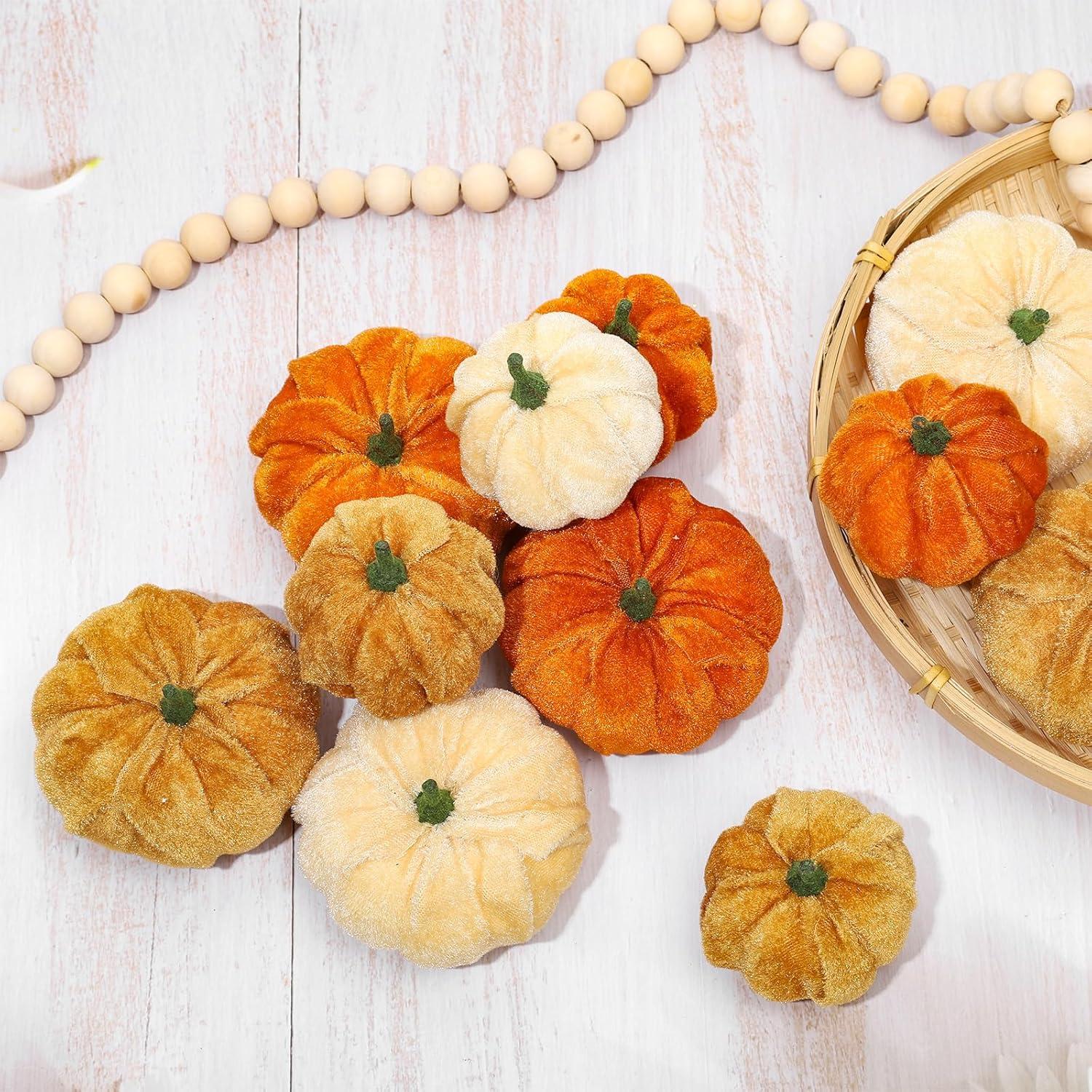 imageWhaline 12Pcs Fall Thanksgiving Velvet Pumpkin Blue White Artificial Pumpkins 2 Sizes Fake Fabric Pumpkin Autumn Harvest Table Centerpiece for Thanksgiving Halloween Party Mantel Farmhouse DecorGradient Orange