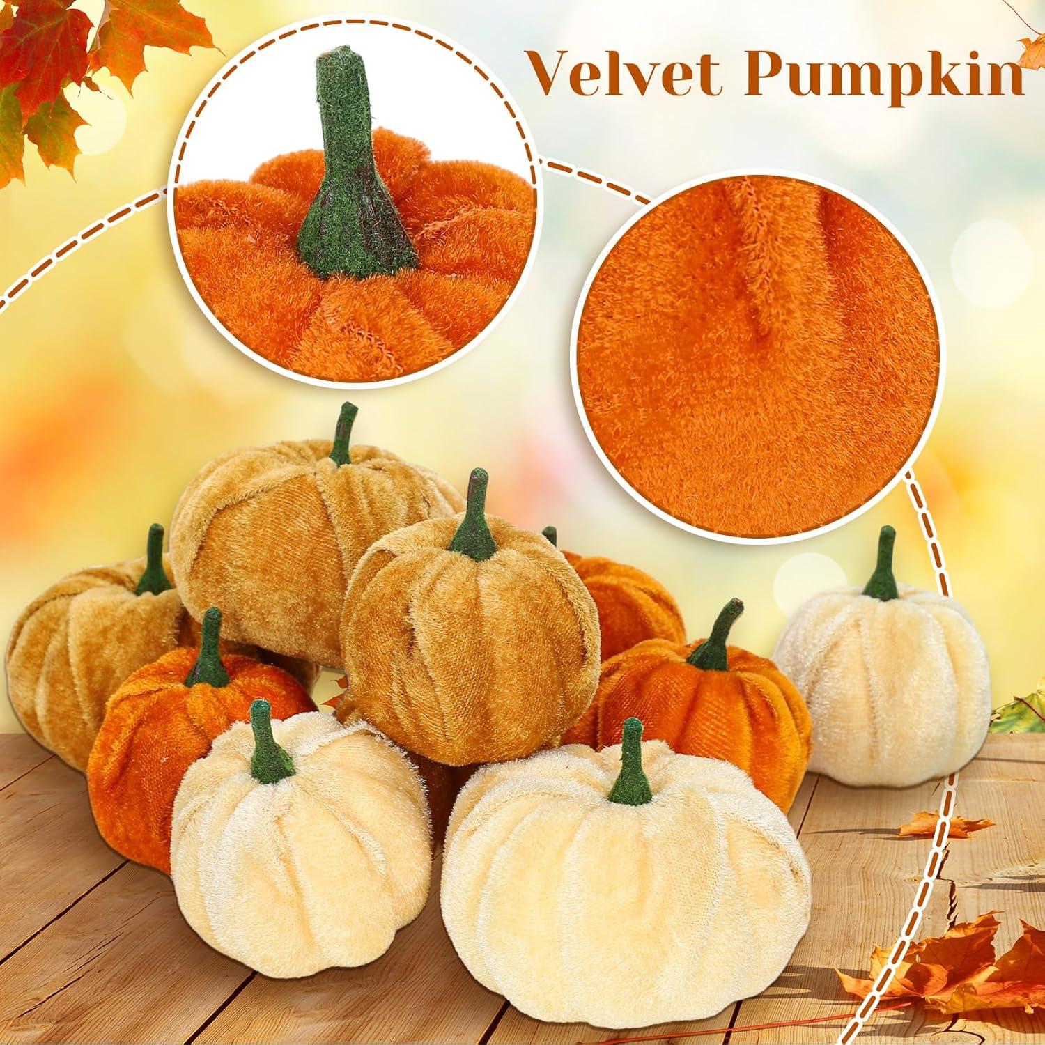 imageWhaline 12Pcs Fall Thanksgiving Velvet Pumpkin Blue White Artificial Pumpkins 2 Sizes Fake Fabric Pumpkin Autumn Harvest Table Centerpiece for Thanksgiving Halloween Party Mantel Farmhouse DecorGradient Orange
