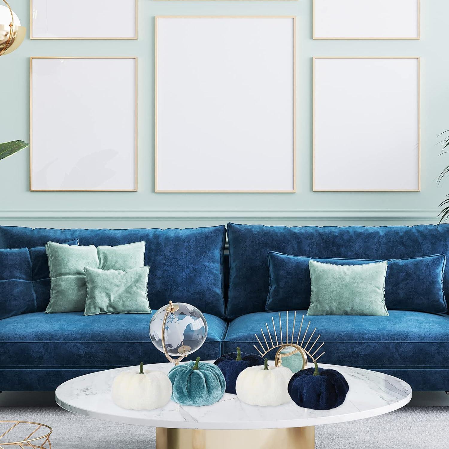 imageWhaline 12Pcs Fall Thanksgiving Velvet Pumpkin Blue White Artificial Pumpkins 2 Sizes Fake Fabric Pumpkin Autumn Harvest Table Centerpiece for Thanksgiving Halloween Party Mantel Farmhouse DecorBlue White