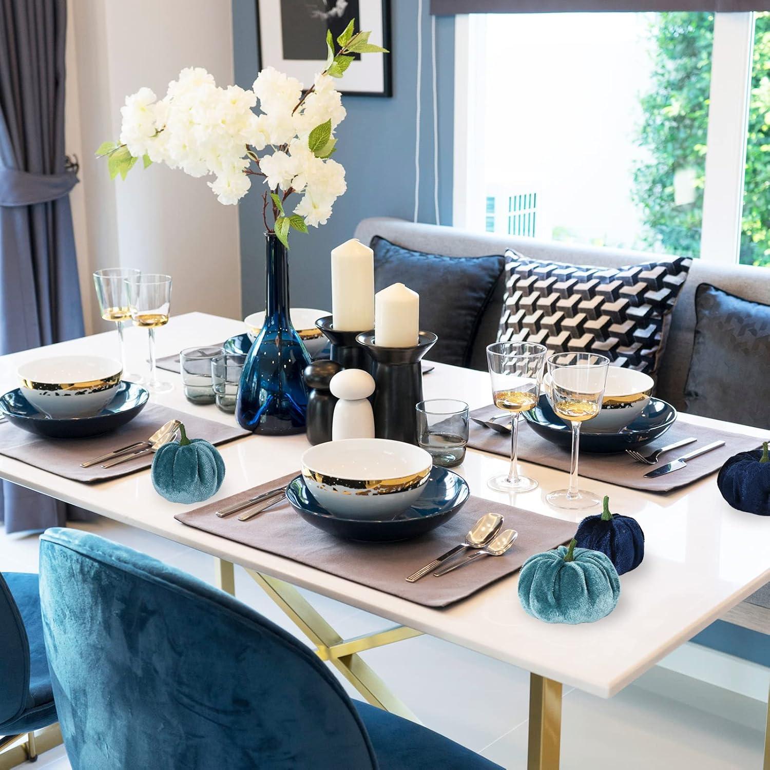 imageWhaline 12Pcs Fall Thanksgiving Velvet Pumpkin Blue White Artificial Pumpkins 2 Sizes Fake Fabric Pumpkin Autumn Harvest Table Centerpiece for Thanksgiving Halloween Party Mantel Farmhouse DecorBlue White