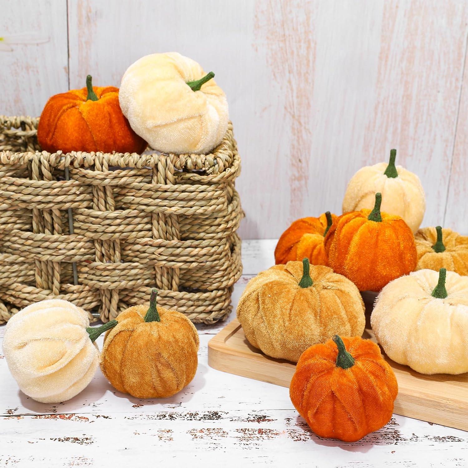 imageWhaline 12Pcs Fall Thanksgiving Velvet Pumpkin Blue White Artificial Pumpkins 2 Sizes Fake Fabric Pumpkin Autumn Harvest Table Centerpiece for Thanksgiving Halloween Party Mantel Farmhouse DecorGradient Orange