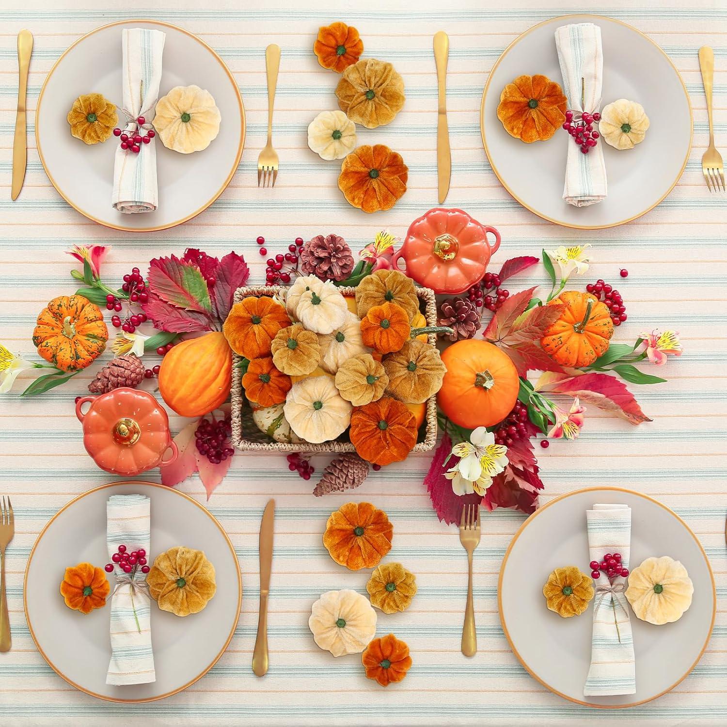 imageWhaline 12Pcs Fall Thanksgiving Velvet Pumpkin Blue White Artificial Pumpkins 2 Sizes Fake Fabric Pumpkin Autumn Harvest Table Centerpiece for Thanksgiving Halloween Party Mantel Farmhouse DecorGradient Orange