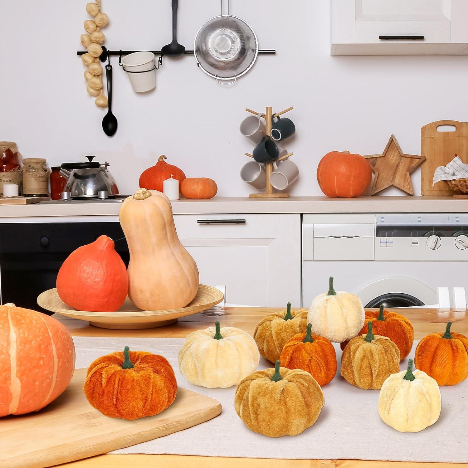 imageWhaline 12Pcs Fall Thanksgiving Velvet Pumpkin Blue White Artificial Pumpkins 2 Sizes Fake Fabric Pumpkin Autumn Harvest Table Centerpiece for Thanksgiving Halloween Party Mantel Farmhouse DecorGradient Orange