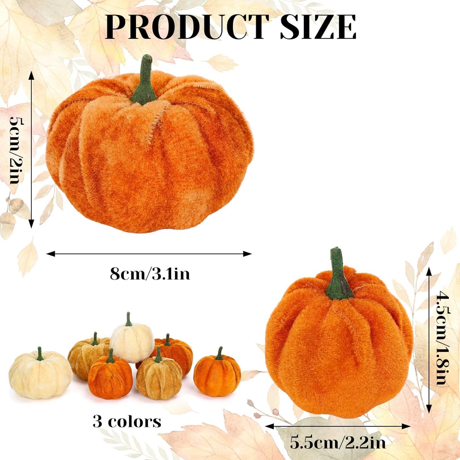imageWhaline 12Pcs Fall Thanksgiving Velvet Pumpkin Blue White Artificial Pumpkins 2 Sizes Fake Fabric Pumpkin Autumn Harvest Table Centerpiece for Thanksgiving Halloween Party Mantel Farmhouse DecorGradient Orange