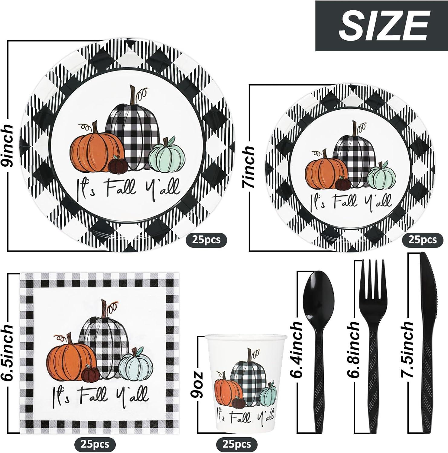 imageWhaline 175Pcs Fall Thanksgiving Tableware Set Buffalo Plaids Pumpkin Disposable Dinnerware Set 50Pcs Paper Plates 25Pcs Napkins Paper Cup Fork Knife Spoon for Autumn Thanksgiving Table Supplies