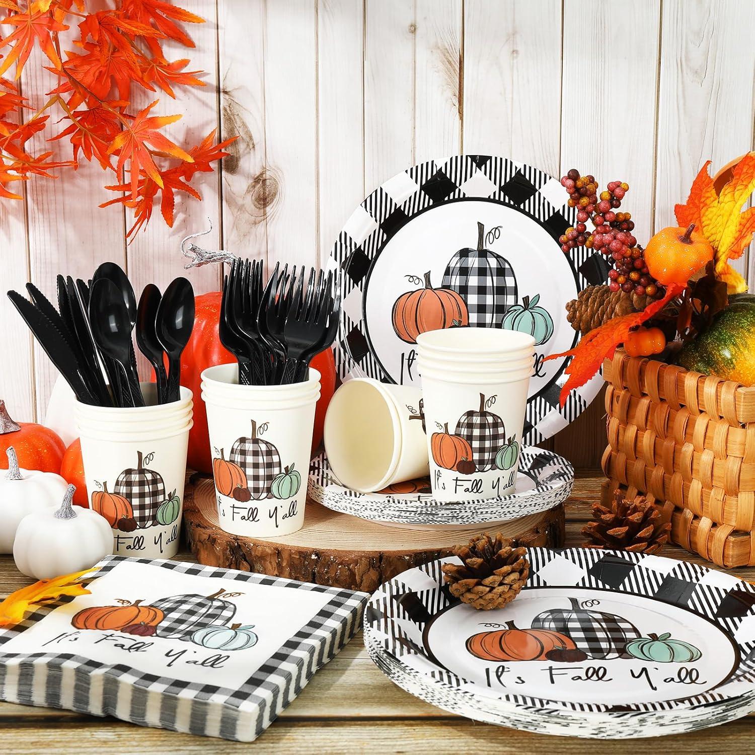 imageWhaline 175Pcs Fall Thanksgiving Tableware Set Buffalo Plaids Pumpkin Disposable Dinnerware Set 50Pcs Paper Plates 25Pcs Napkins Paper Cup Fork Knife Spoon for Autumn Thanksgiving Table Supplies
