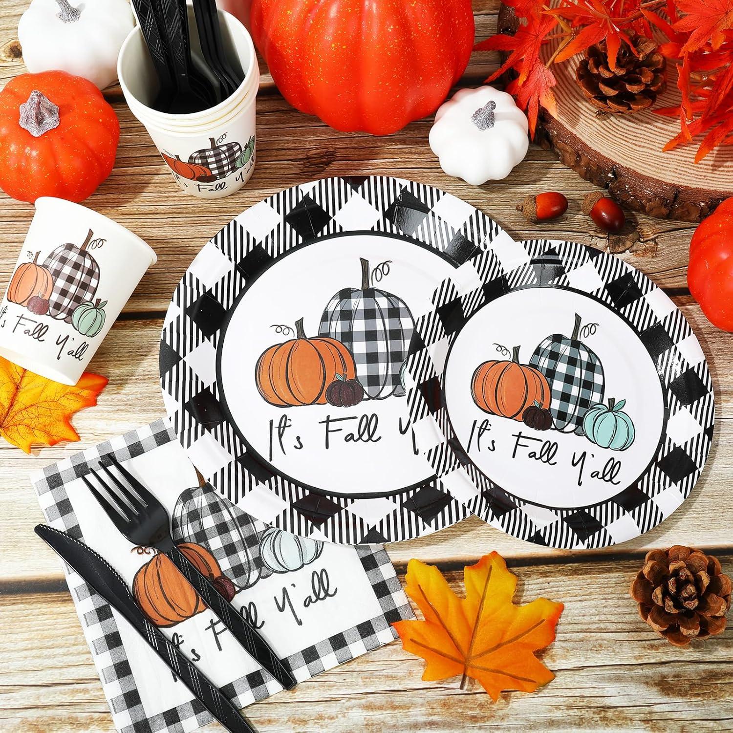 imageWhaline 175Pcs Fall Thanksgiving Tableware Set Buffalo Plaids Pumpkin Disposable Dinnerware Set 50Pcs Paper Plates 25Pcs Napkins Paper Cup Fork Knife Spoon for Autumn Thanksgiving Table Supplies