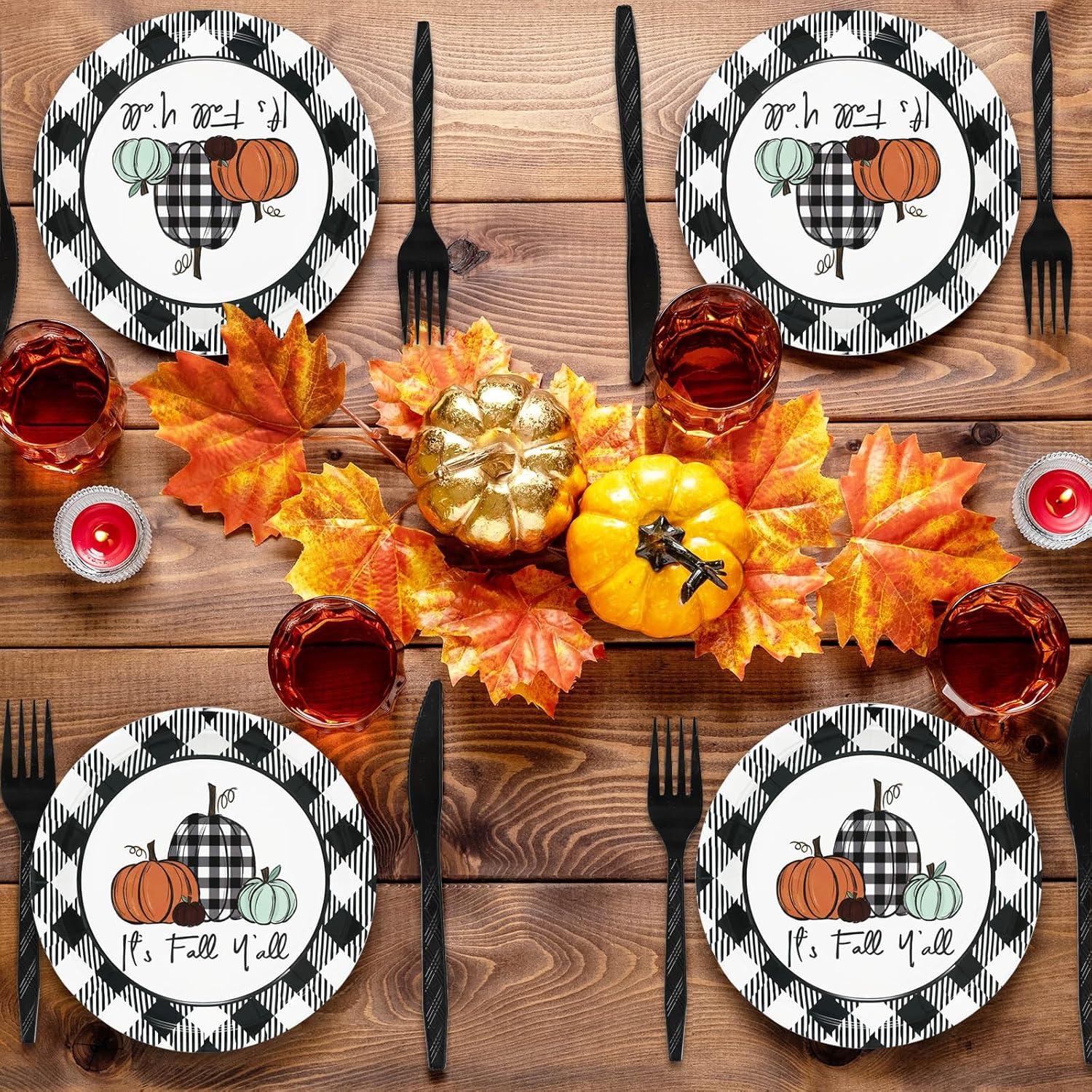 imageWhaline 175Pcs Fall Thanksgiving Tableware Set Buffalo Plaids Pumpkin Disposable Dinnerware Set 50Pcs Paper Plates 25Pcs Napkins Paper Cup Fork Knife Spoon for Autumn Thanksgiving Table Supplies