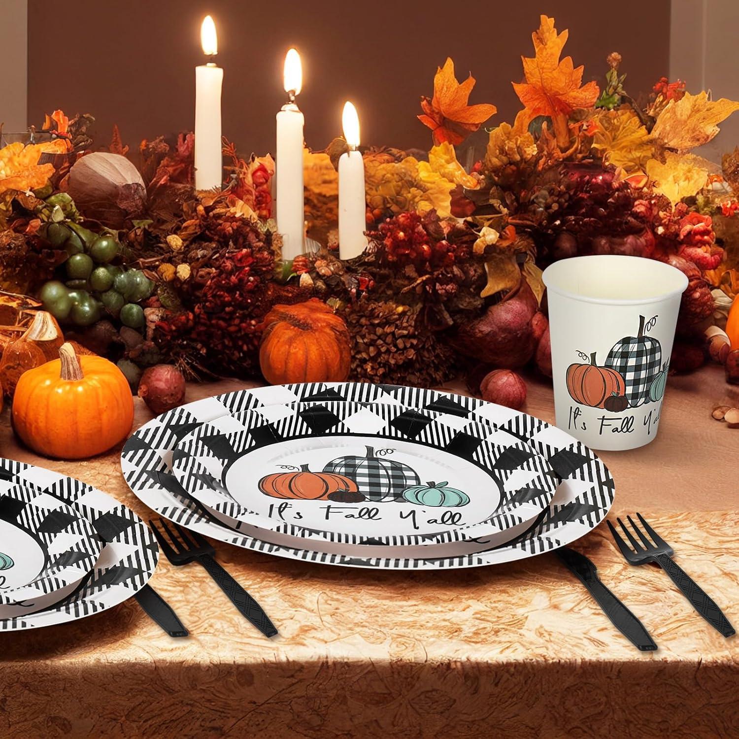 imageWhaline 175Pcs Fall Thanksgiving Tableware Set Buffalo Plaids Pumpkin Disposable Dinnerware Set 50Pcs Paper Plates 25Pcs Napkins Paper Cup Fork Knife Spoon for Autumn Thanksgiving Table Supplies