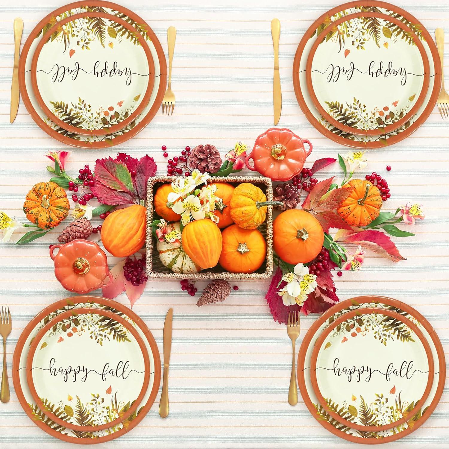 imageWhaline 24 Sets Fall Thanksgiving Paper Plates Cups and Napkins Party Decorations Rustic Autumn Leaves Disposable Paper Plates Happy Fall Paper Cups and Napkins for Holiday Wedding Birthday Party