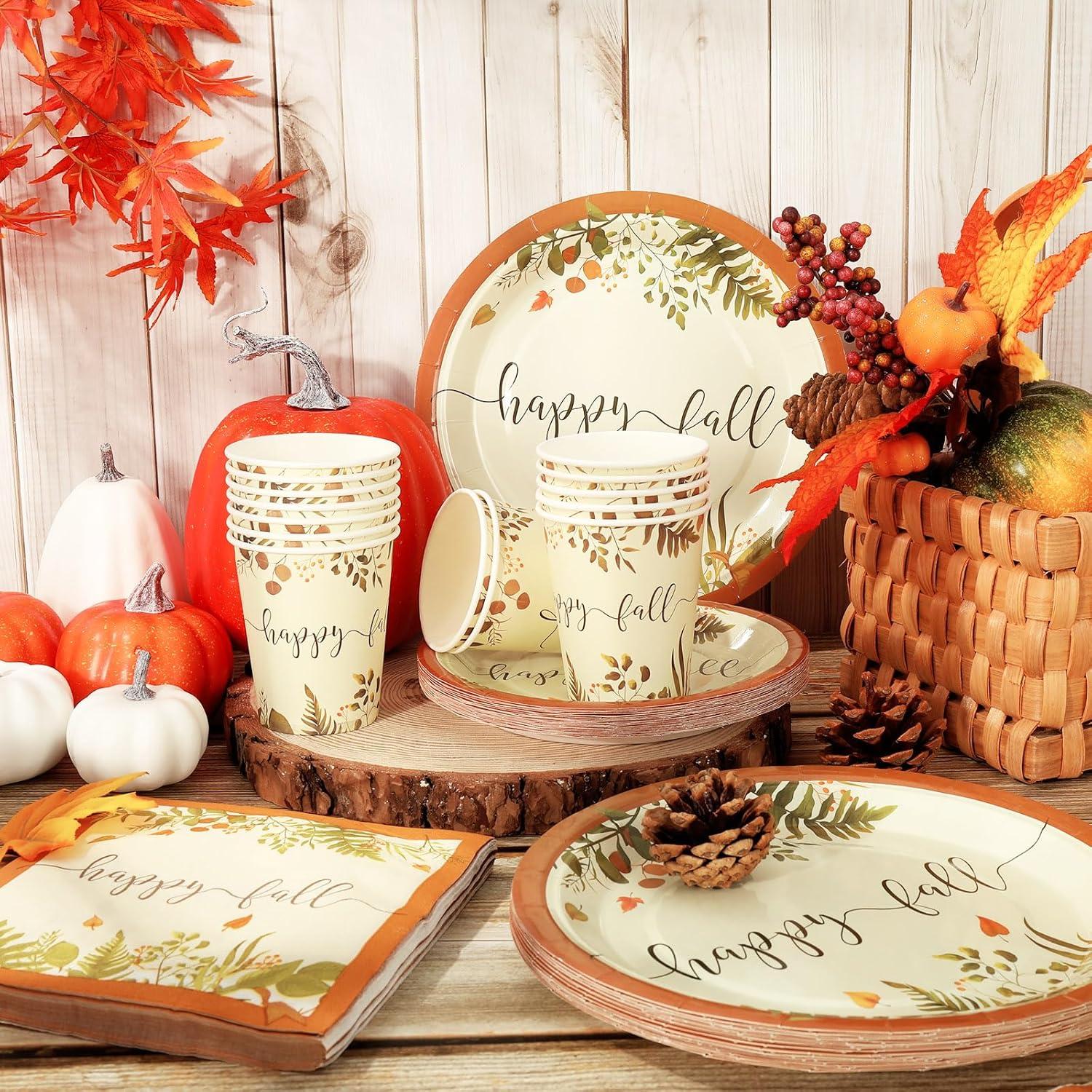 imageWhaline 24 Sets Fall Thanksgiving Paper Plates Cups and Napkins Party Decorations Rustic Autumn Leaves Disposable Paper Plates Happy Fall Paper Cups and Napkins for Holiday Wedding Birthday Party