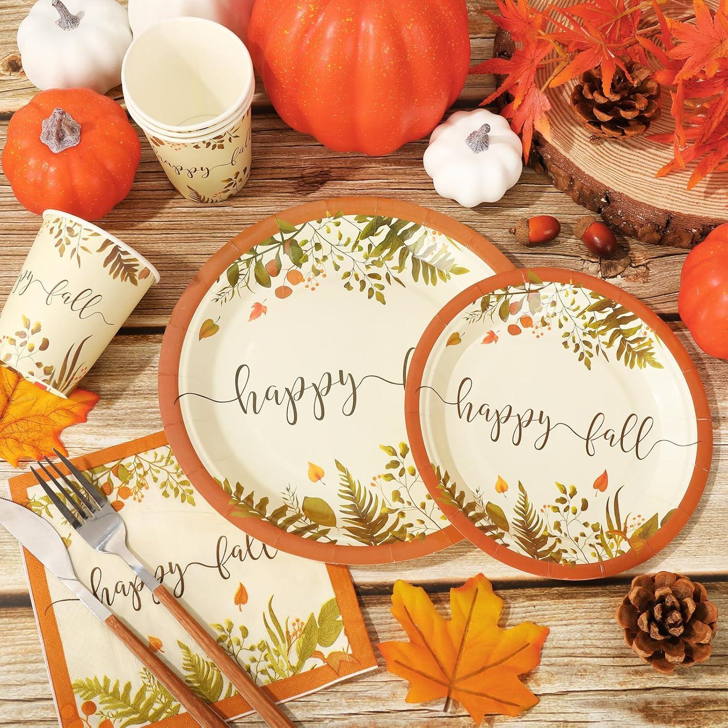 imageWhaline 24 Sets Fall Thanksgiving Paper Plates Cups and Napkins Party Decorations Rustic Autumn Leaves Disposable Paper Plates Happy Fall Paper Cups and Napkins for Holiday Wedding Birthday Party
