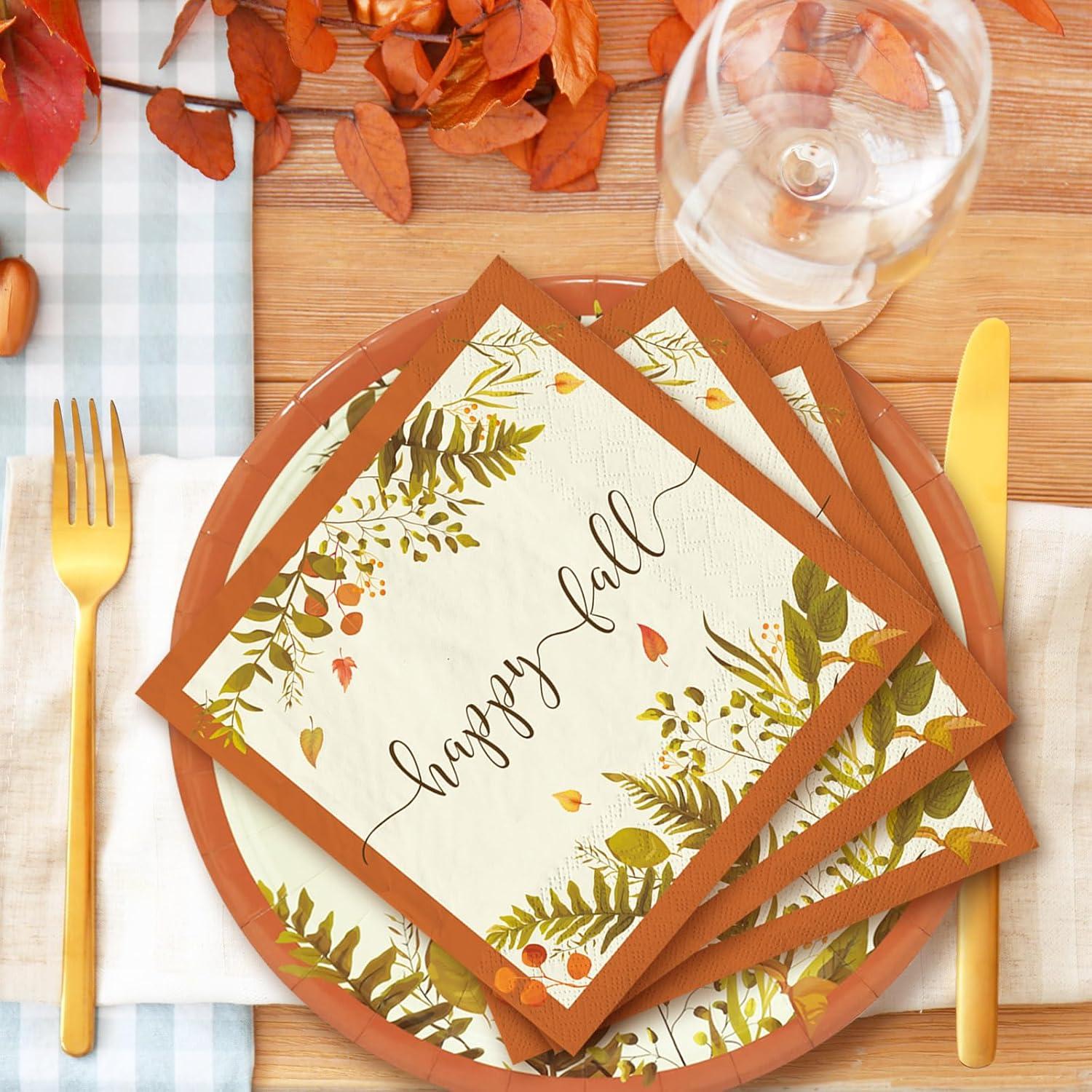 imageWhaline 24 Sets Fall Thanksgiving Paper Plates Cups and Napkins Party Decorations Rustic Autumn Leaves Disposable Paper Plates Happy Fall Paper Cups and Napkins for Holiday Wedding Birthday Party