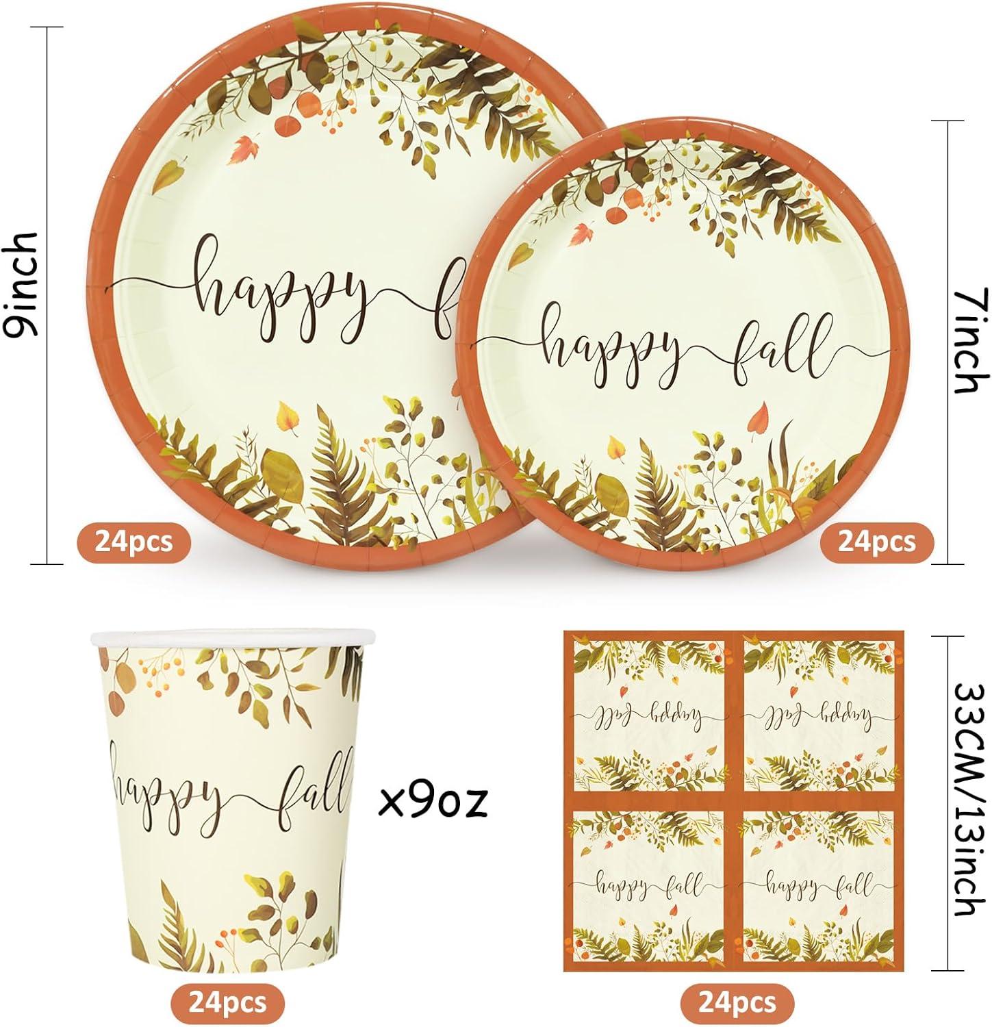 imageWhaline 24 Sets Fall Thanksgiving Paper Plates Cups and Napkins Party Decorations Rustic Autumn Leaves Disposable Paper Plates Happy Fall Paper Cups and Napkins for Holiday Wedding Birthday Party