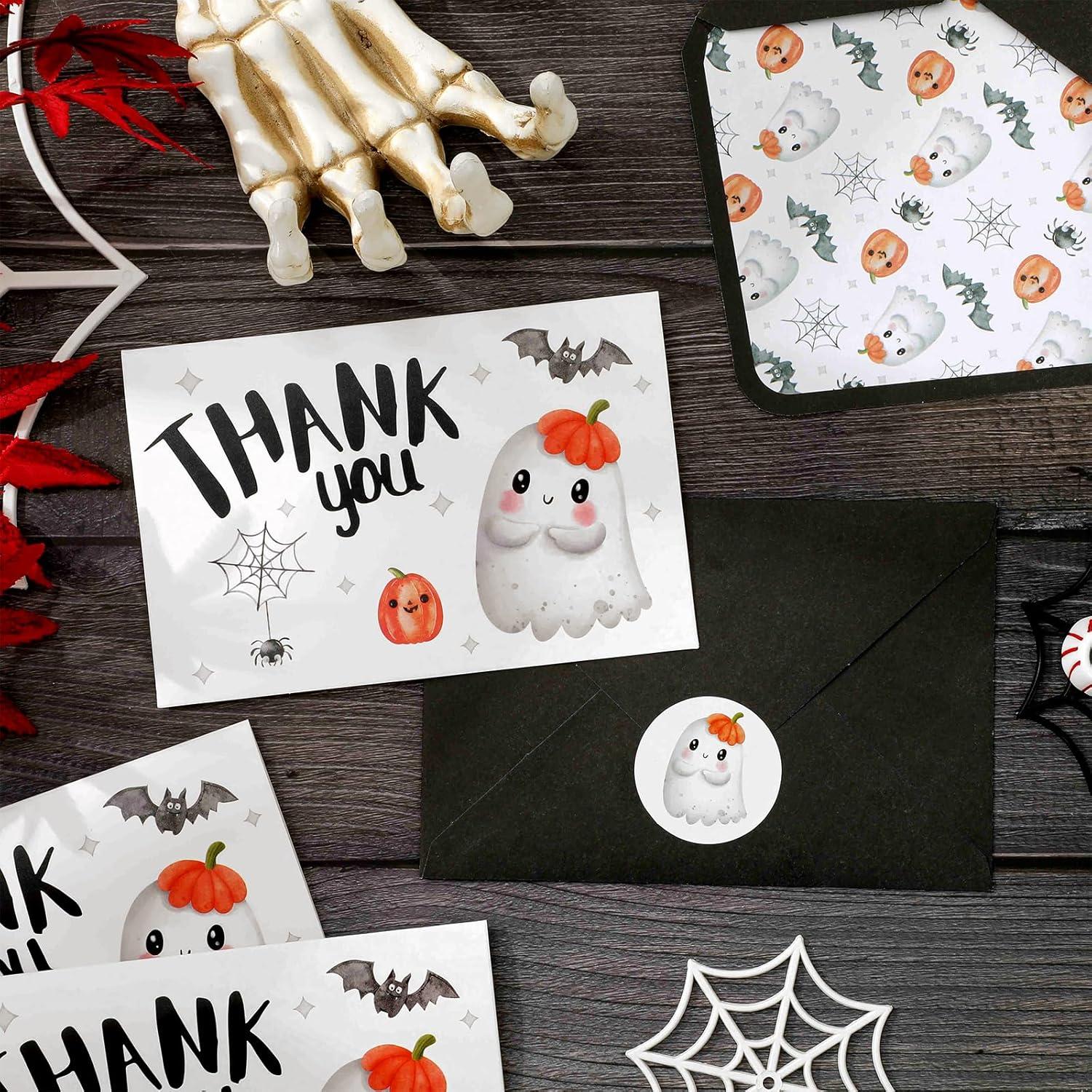 imageWhaline 24Pcs A Little Boo Thank You Cards with Envelopes and Stickers Cute Ghost Pumpkin Bat Greeting Cards Halloween Baby Shower Blank Note Cards for Party SuppliesWhite