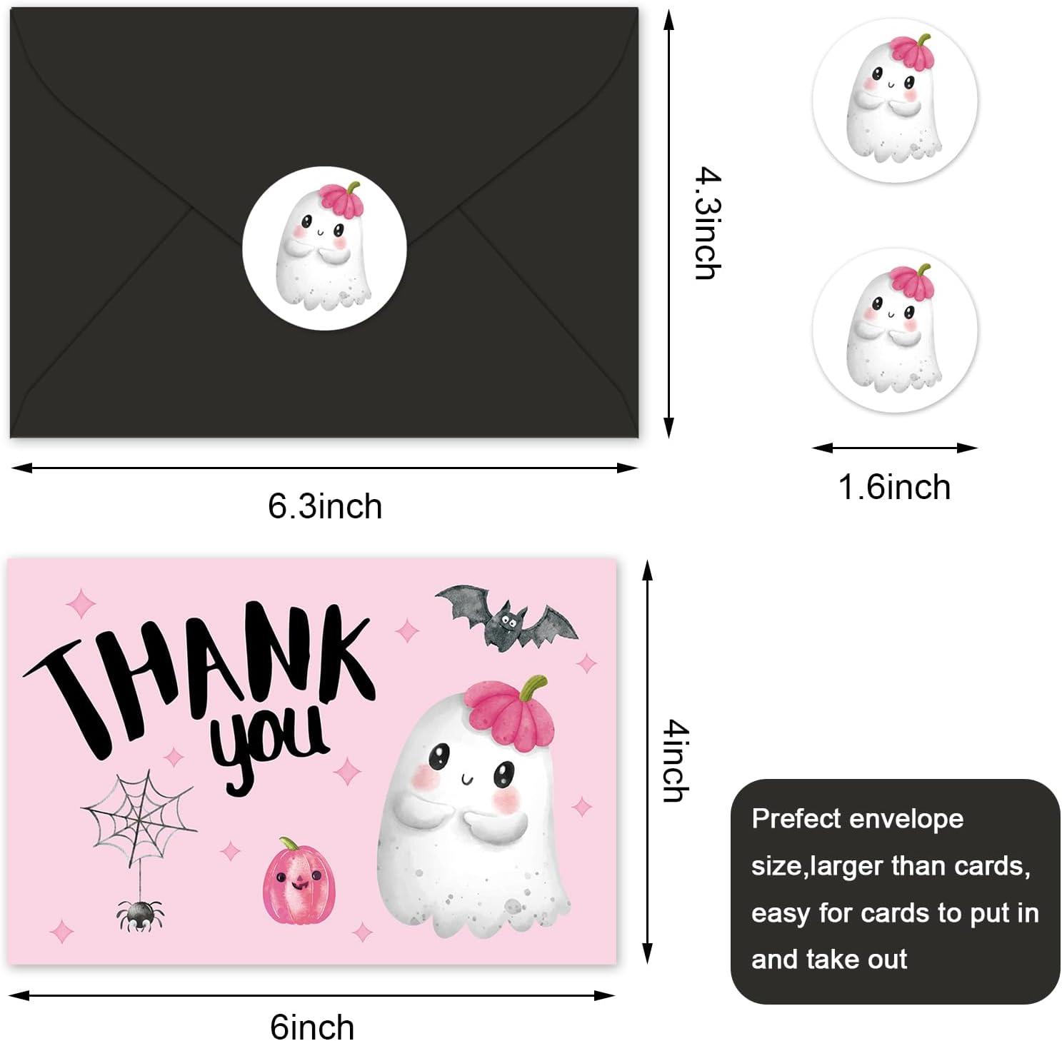 imageWhaline 24Pcs A Little Boo Thank You Cards with Envelopes and Stickers Cute Ghost Pumpkin Bat Greeting Cards Halloween Baby Shower Blank Note Cards for Party SuppliesPink