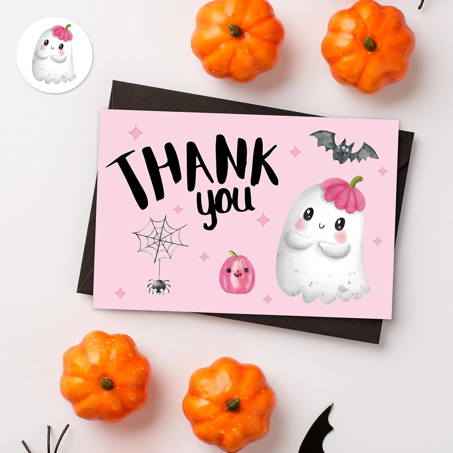 imageWhaline 24Pcs A Little Boo Thank You Cards with Envelopes and Stickers Cute Ghost Pumpkin Bat Greeting Cards Halloween Baby Shower Blank Note Cards for Party SuppliesPink