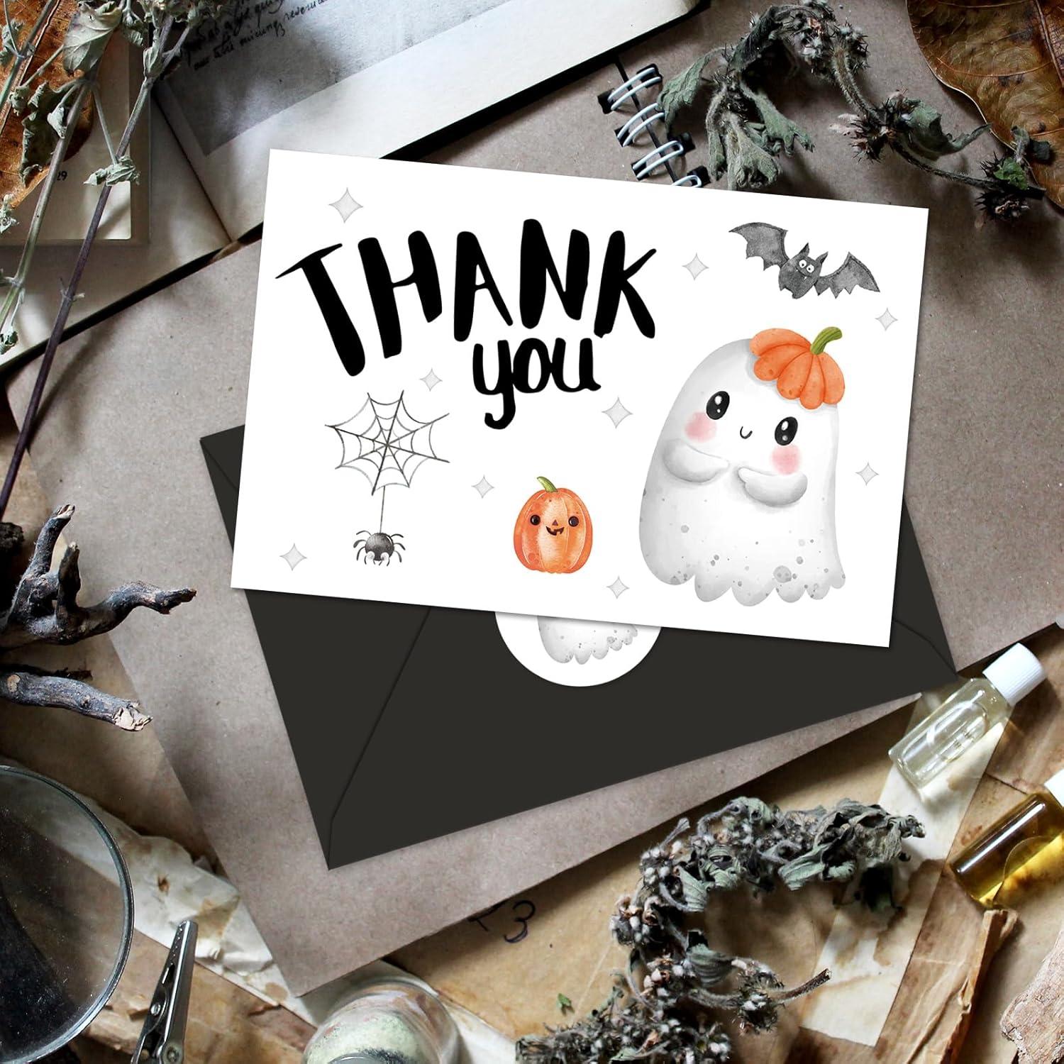 imageWhaline 24Pcs A Little Boo Thank You Cards with Envelopes and Stickers Cute Ghost Pumpkin Bat Greeting Cards Halloween Baby Shower Blank Note Cards for Party SuppliesWhite