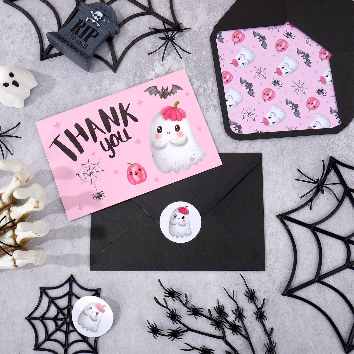 imageWhaline 24Pcs A Little Boo Thank You Cards with Envelopes and Stickers Cute Ghost Pumpkin Bat Greeting Cards Halloween Baby Shower Blank Note Cards for Party SuppliesPink
