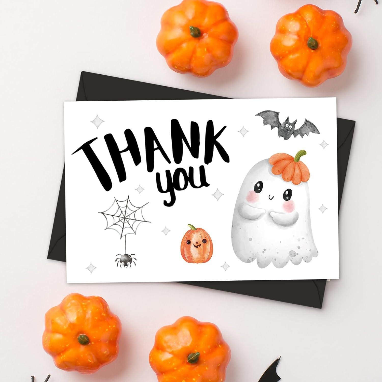 imageWhaline 24Pcs A Little Boo Thank You Cards with Envelopes and Stickers Cute Ghost Pumpkin Bat Greeting Cards Halloween Baby Shower Blank Note Cards for Party SuppliesWhite