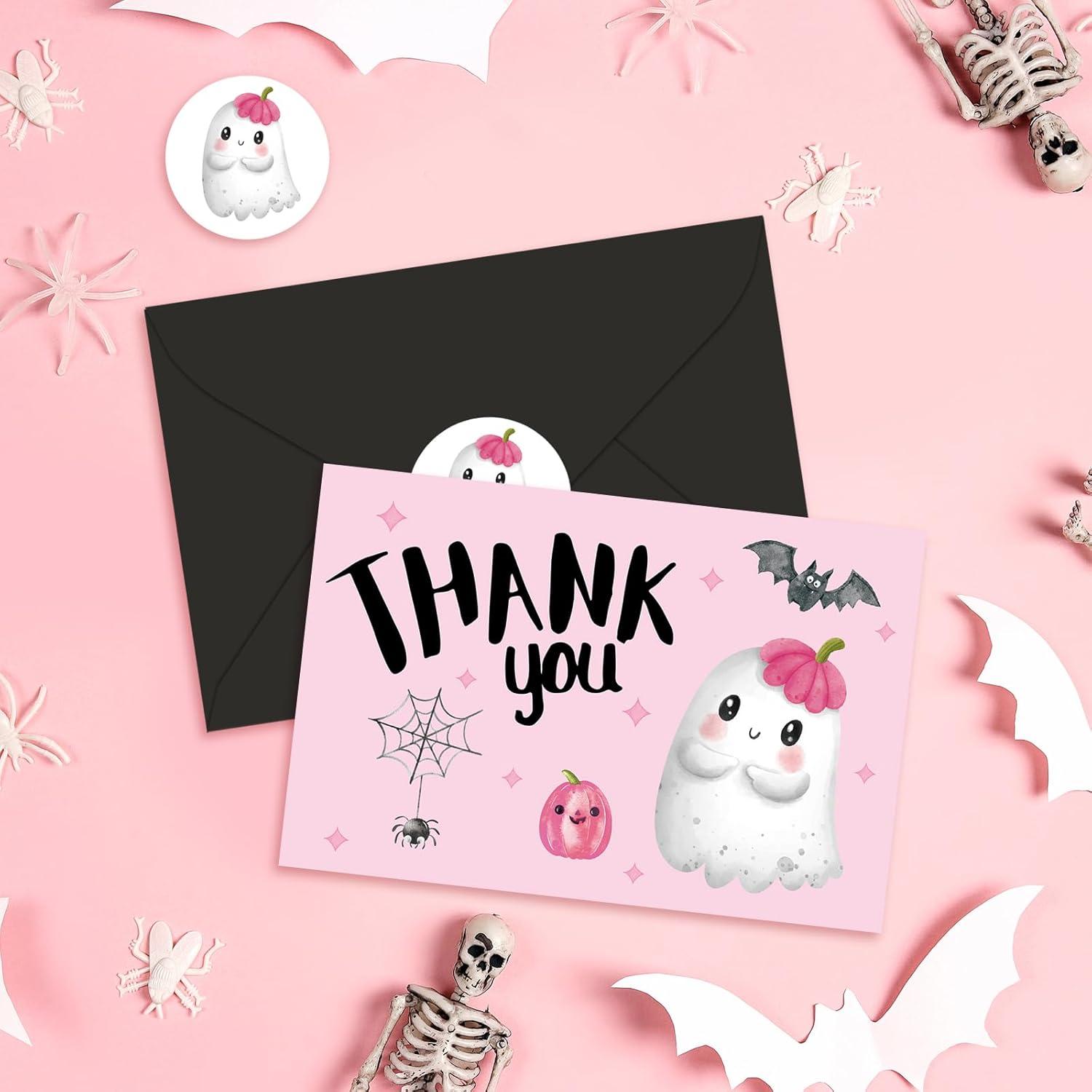 imageWhaline 24Pcs A Little Boo Thank You Cards with Envelopes and Stickers Cute Ghost Pumpkin Bat Greeting Cards Halloween Baby Shower Blank Note Cards for Party SuppliesPink