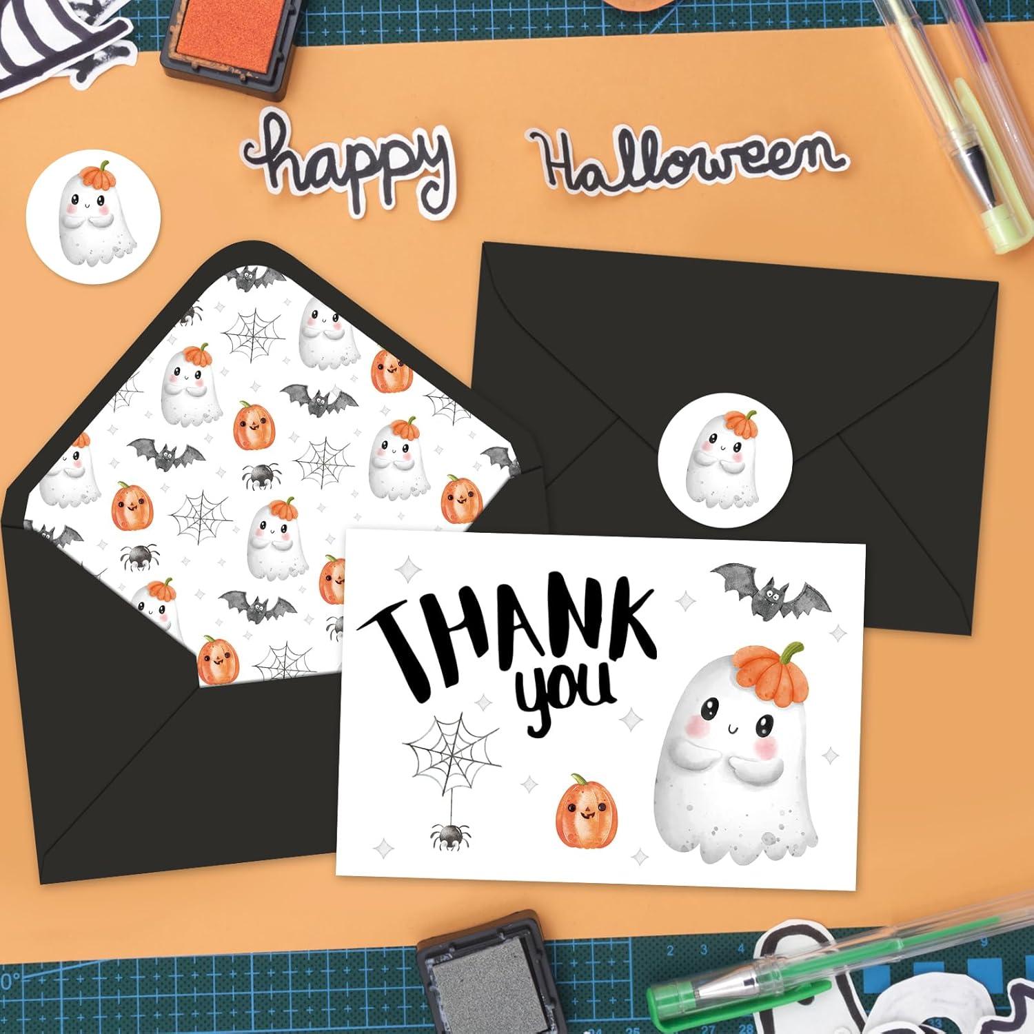 imageWhaline 24Pcs A Little Boo Thank You Cards with Envelopes and Stickers Cute Ghost Pumpkin Bat Greeting Cards Halloween Baby Shower Blank Note Cards for Party SuppliesWhite