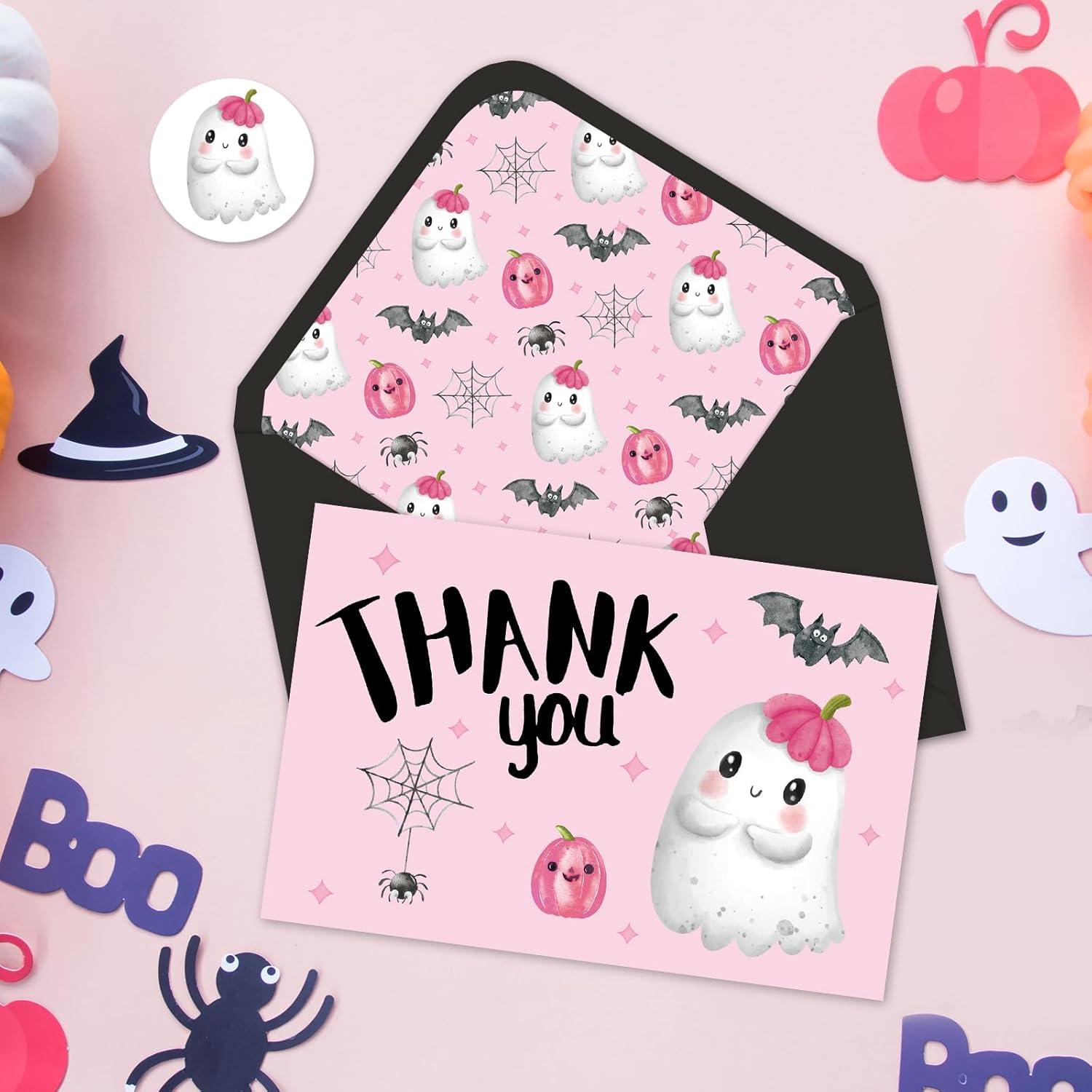 imageWhaline 24Pcs A Little Boo Thank You Cards with Envelopes and Stickers Cute Ghost Pumpkin Bat Greeting Cards Halloween Baby Shower Blank Note Cards for Party SuppliesPink