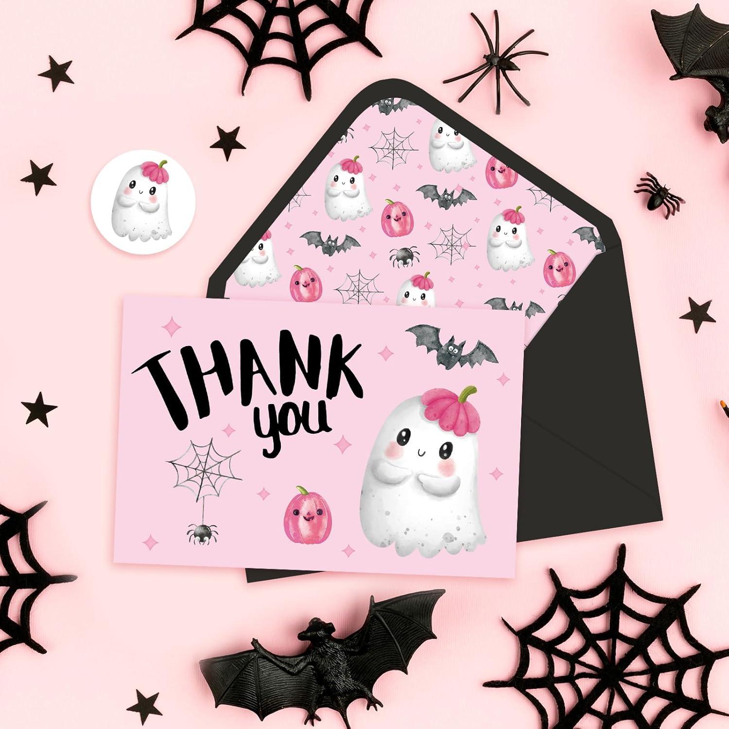 imageWhaline 24Pcs A Little Boo Thank You Cards with Envelopes and Stickers Cute Ghost Pumpkin Bat Greeting Cards Halloween Baby Shower Blank Note Cards for Party SuppliesPink