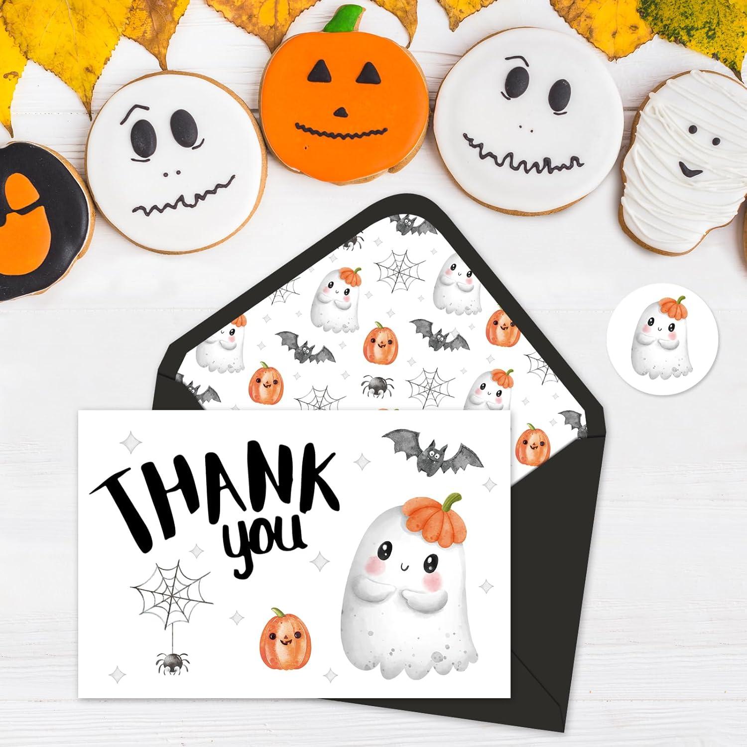 imageWhaline 24Pcs A Little Boo Thank You Cards with Envelopes and Stickers Cute Ghost Pumpkin Bat Greeting Cards Halloween Baby Shower Blank Note Cards for Party SuppliesWhite