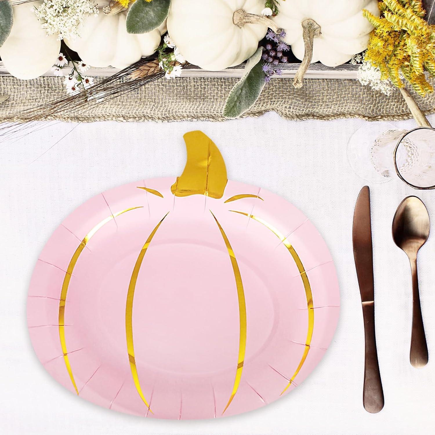 imageWhaline 24Pcs Fall Pink Pumpkin Paper Plate Gold Foil Dinner Plate Disposable Thanksgiving Harvest Plates for Autumn Catering Events Dining Party Favors Tableware Decor Supplies