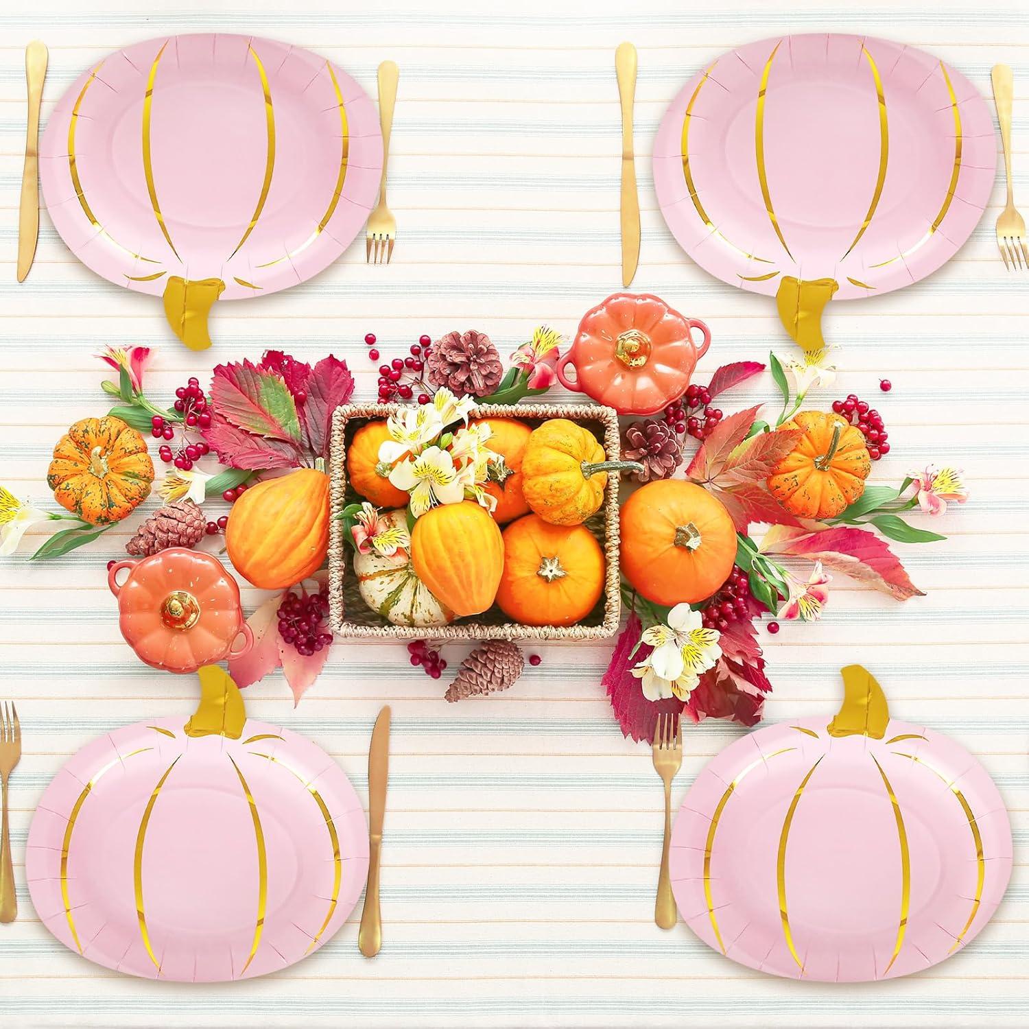 imageWhaline 24Pcs Fall Pink Pumpkin Paper Plate Gold Foil Dinner Plate Disposable Thanksgiving Harvest Plates for Autumn Catering Events Dining Party Favors Tableware Decor Supplies