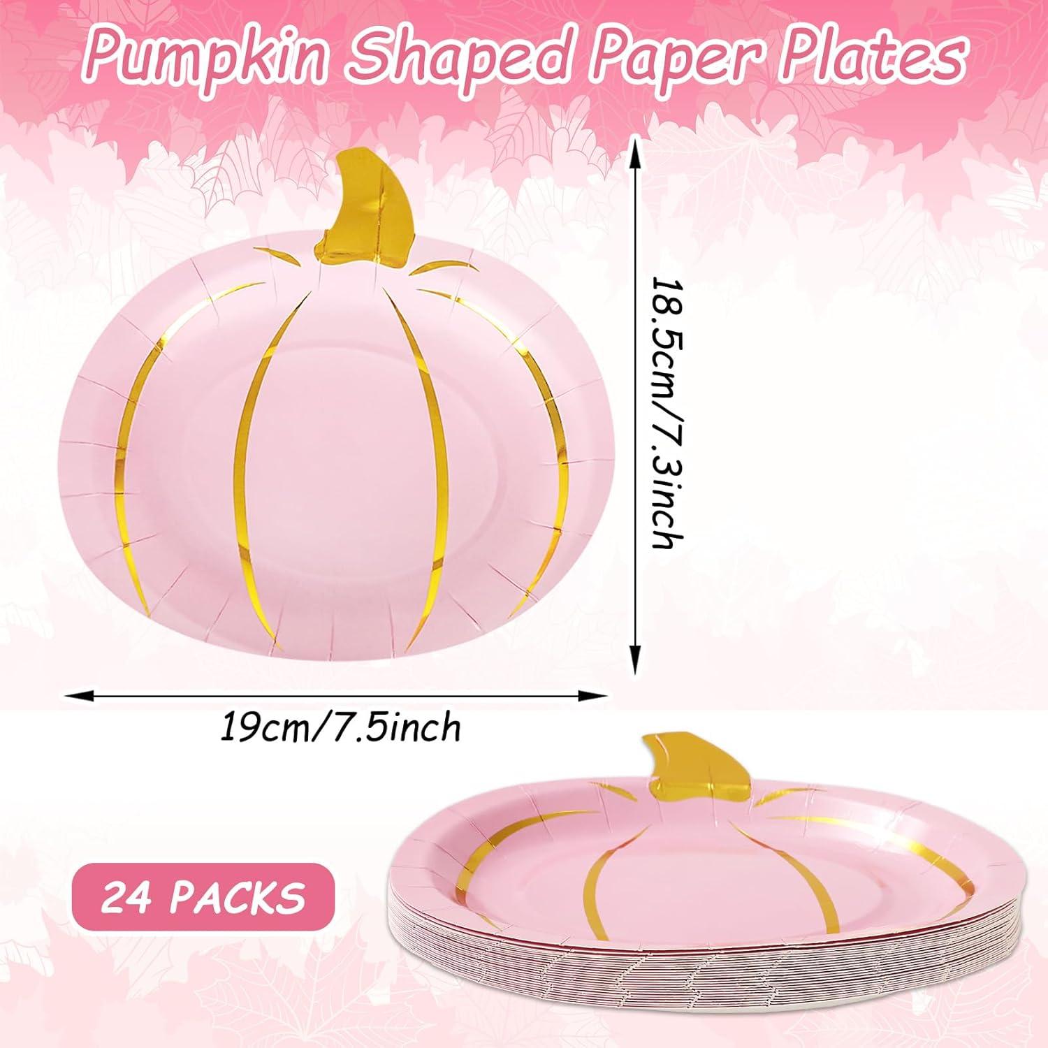 imageWhaline 24Pcs Fall Pink Pumpkin Paper Plate Gold Foil Dinner Plate Disposable Thanksgiving Harvest Plates for Autumn Catering Events Dining Party Favors Tableware Decor Supplies