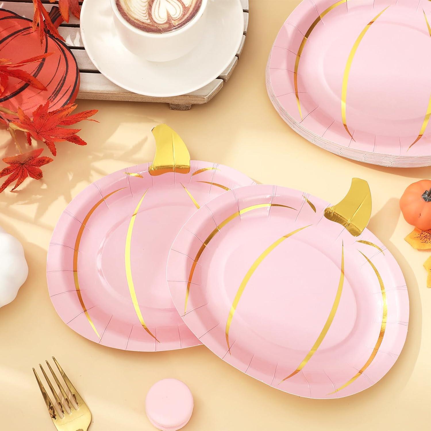imageWhaline 24Pcs Fall Pink Pumpkin Paper Plate Gold Foil Dinner Plate Disposable Thanksgiving Harvest Plates for Autumn Catering Events Dining Party Favors Tableware Decor Supplies