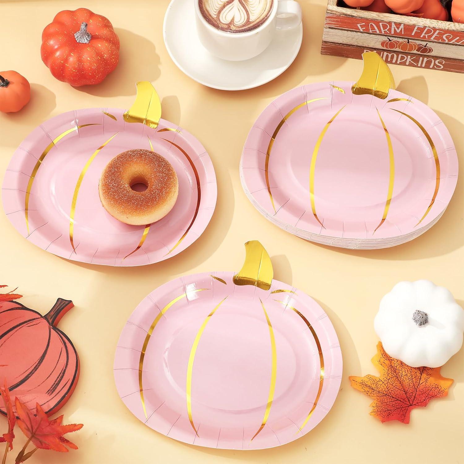 imageWhaline 24Pcs Fall Pink Pumpkin Paper Plate Gold Foil Dinner Plate Disposable Thanksgiving Harvest Plates for Autumn Catering Events Dining Party Favors Tableware Decor Supplies