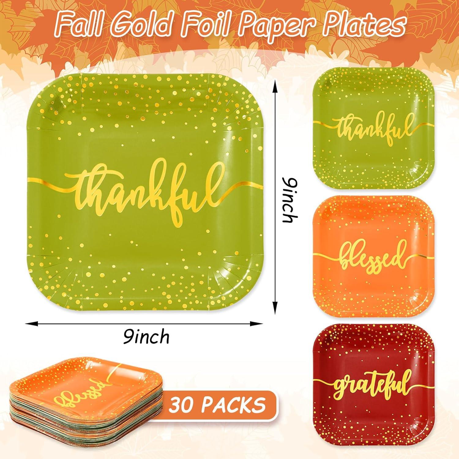 imageWhaline 30Pcs Fall Thanksgiving Paper Plates Gold Foil Disposable Plates Autumn Red Green Orange Square Dinner Plates for Thanksgiving Party Tableware Supplies 9 InchFall