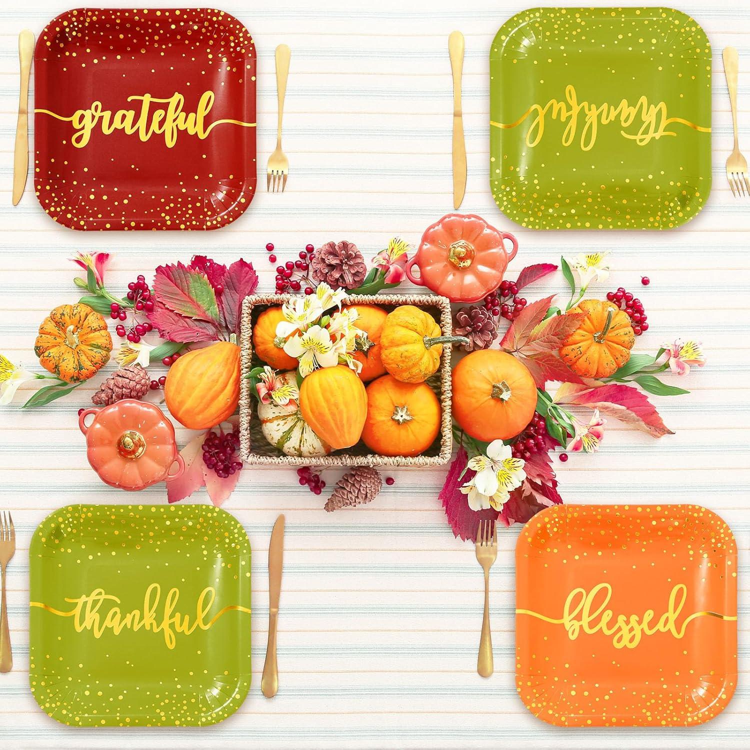 imageWhaline 30Pcs Fall Thanksgiving Paper Plates Gold Foil Disposable Plates Autumn Red Green Orange Square Dinner Plates for Thanksgiving Party Tableware Supplies 9 InchFall