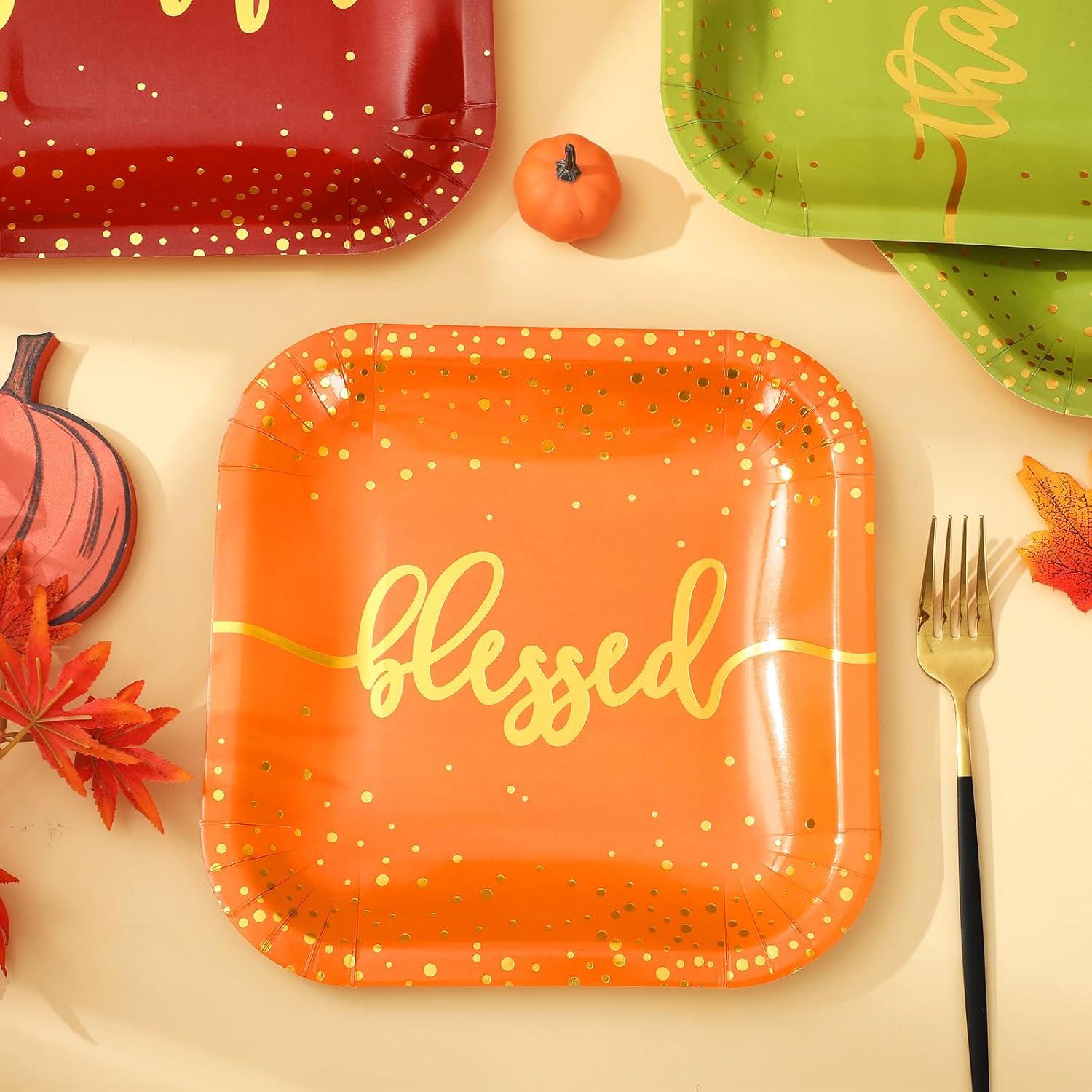 imageWhaline 30Pcs Fall Thanksgiving Paper Plates Gold Foil Disposable Plates Autumn Red Green Orange Square Dinner Plates for Thanksgiving Party Tableware Supplies 9 InchFall
