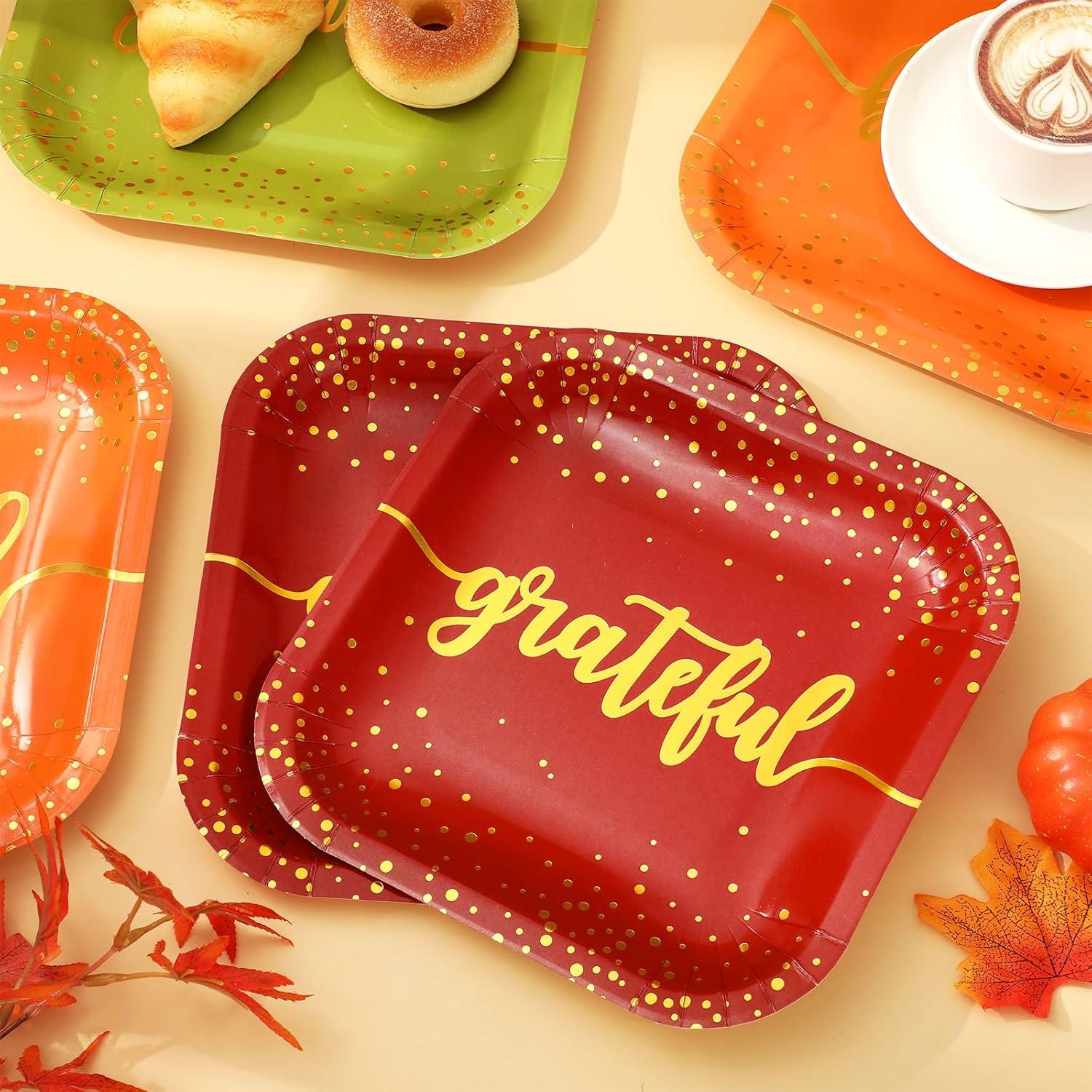 imageWhaline 30Pcs Fall Thanksgiving Paper Plates Gold Foil Disposable Plates Autumn Red Green Orange Square Dinner Plates for Thanksgiving Party Tableware Supplies 9 InchFall