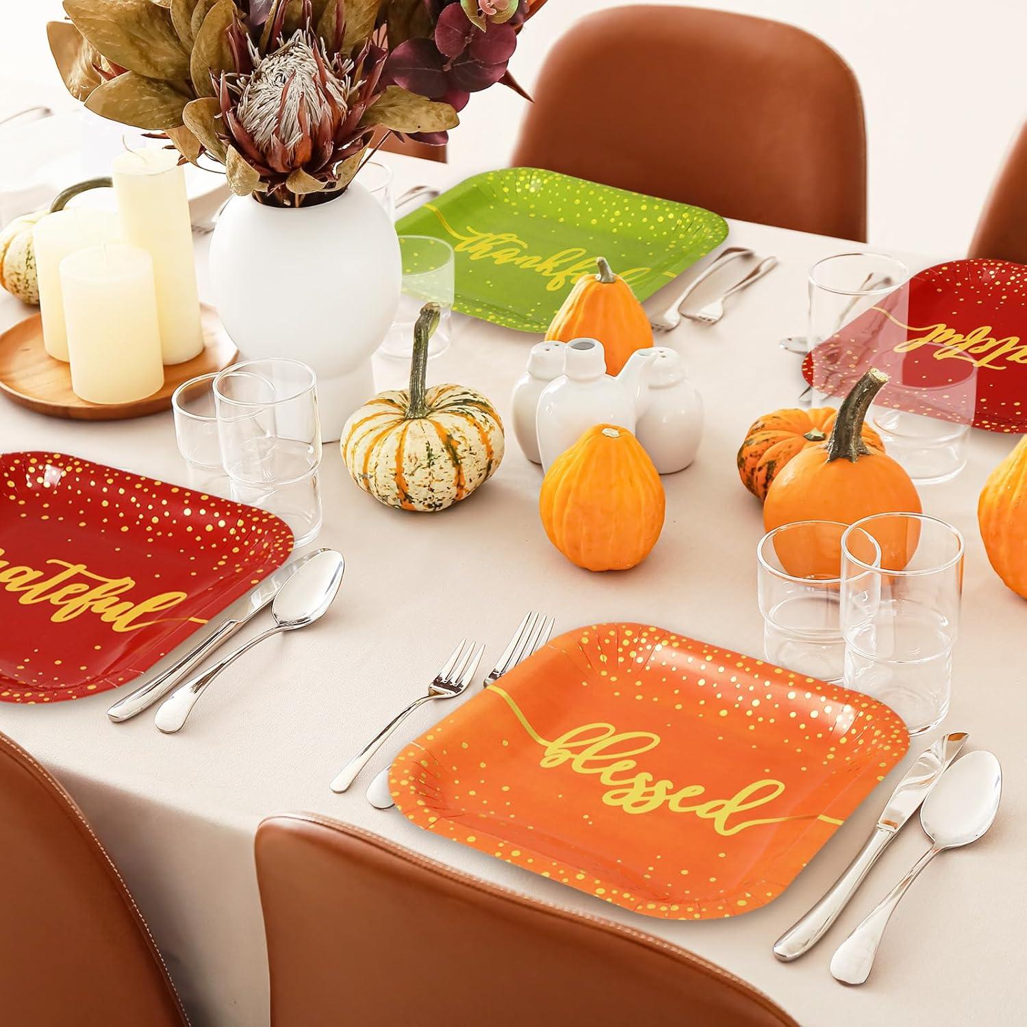 imageWhaline 30Pcs Fall Thanksgiving Paper Plates Gold Foil Disposable Plates Autumn Red Green Orange Square Dinner Plates for Thanksgiving Party Tableware Supplies 9 InchFall