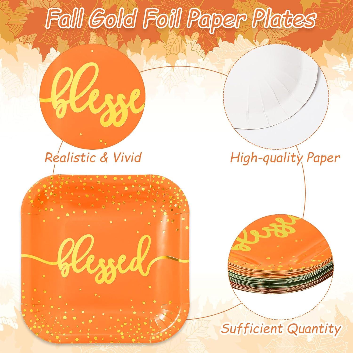 imageWhaline 30Pcs Fall Thanksgiving Paper Plates Gold Foil Disposable Plates Autumn Red Green Orange Square Dinner Plates for Thanksgiving Party Tableware Supplies 9 InchFall